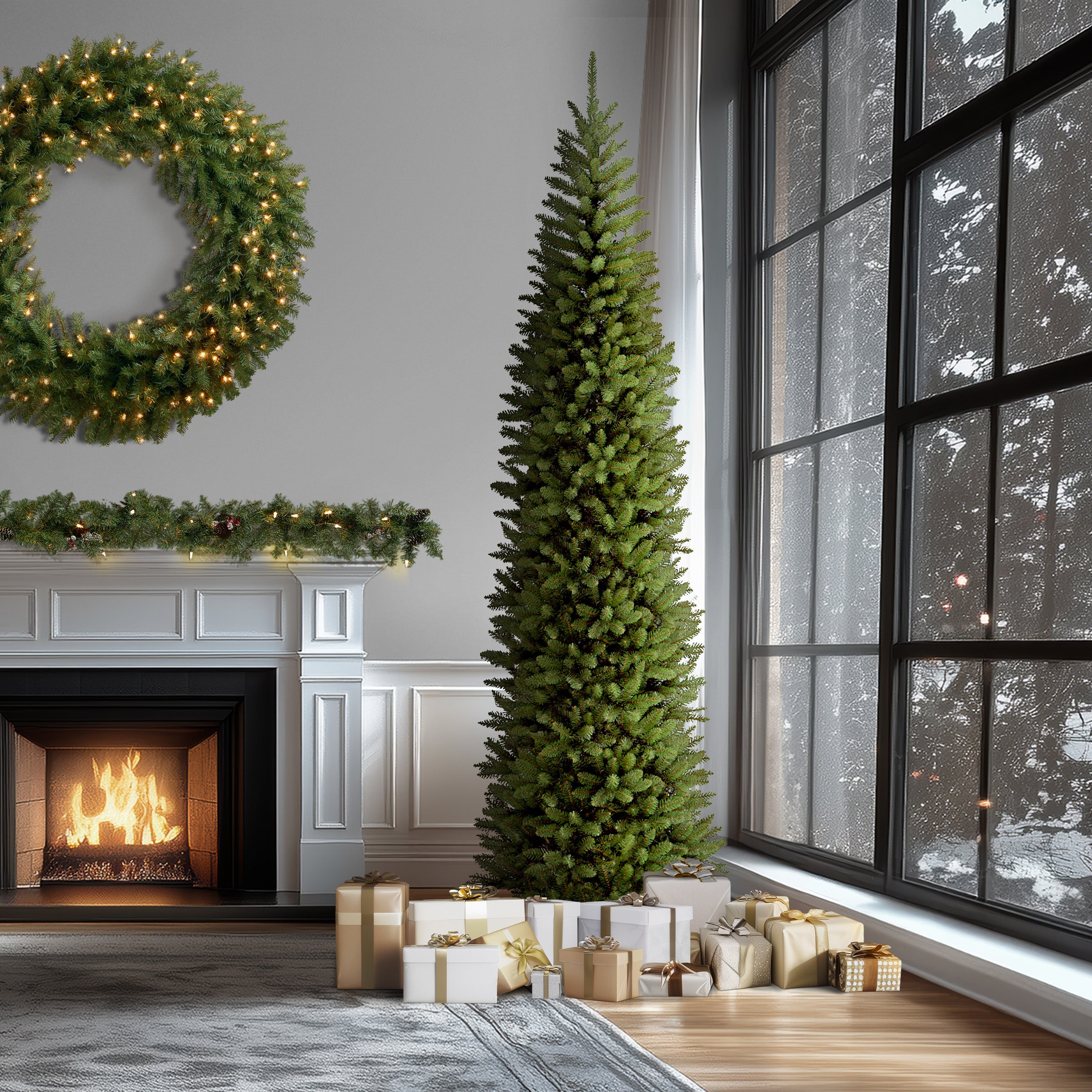 14 ft. Kingswood Fir Pencil Slim Christmas Tree - Perfect for Large Living Rooms, Church Decorations & Holiday Events