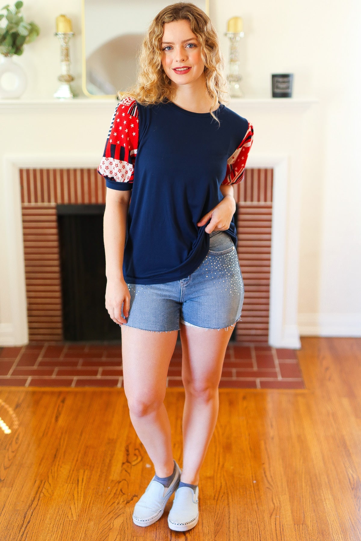 Stylish Navy Patriotic Patchwork Puff Sleeve Top for Women - Perfect for Holiday Parties & 4th of July Celebrations