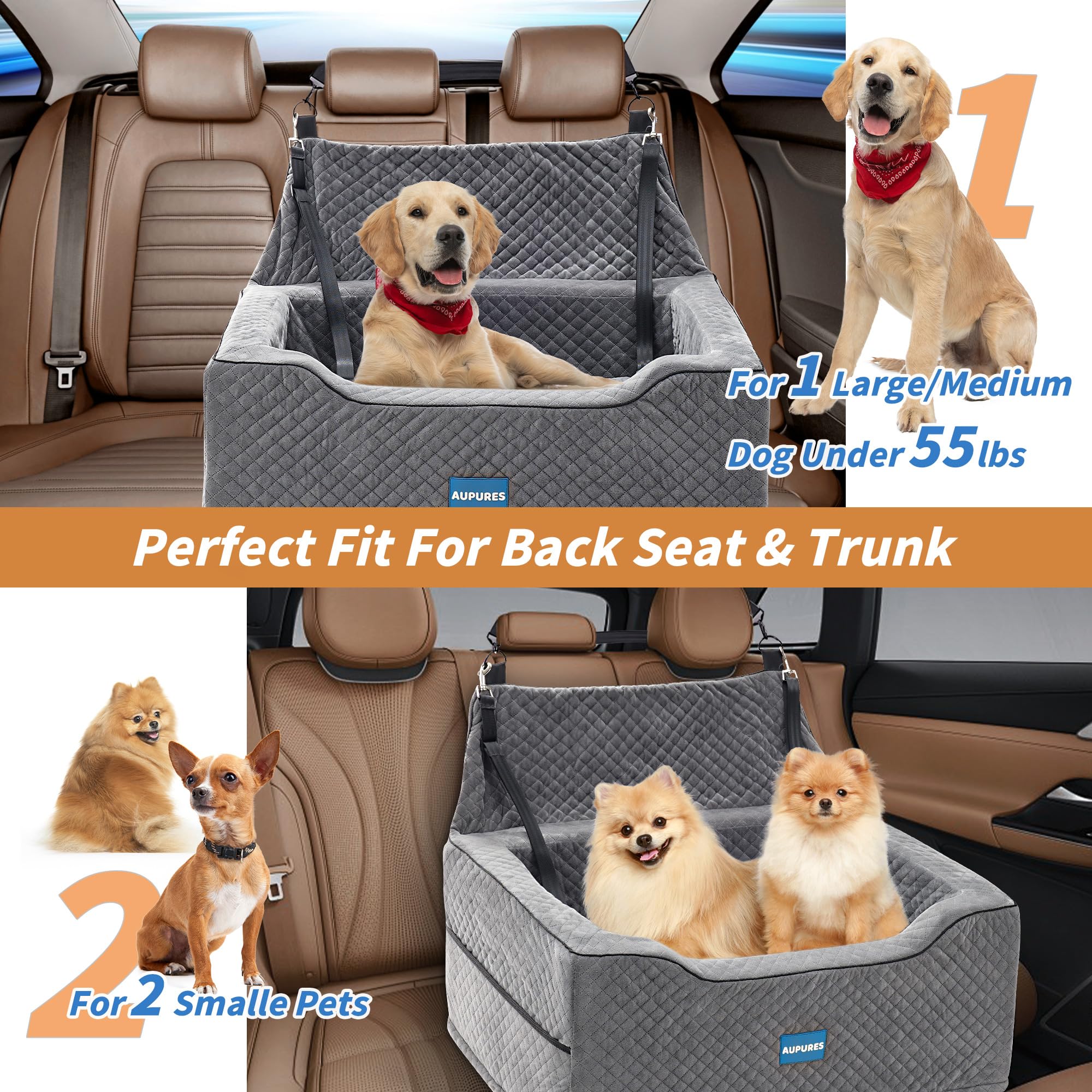 Premium Dog Car Seat for Large & Medium Dogs Up to 55 lbs - Adjustable Height Pet Booster Seat with Safety Belt - Soft Fabric Carrier for Two Small Dogs (Gray) - Perfect for Road Trips & Daily Commutes