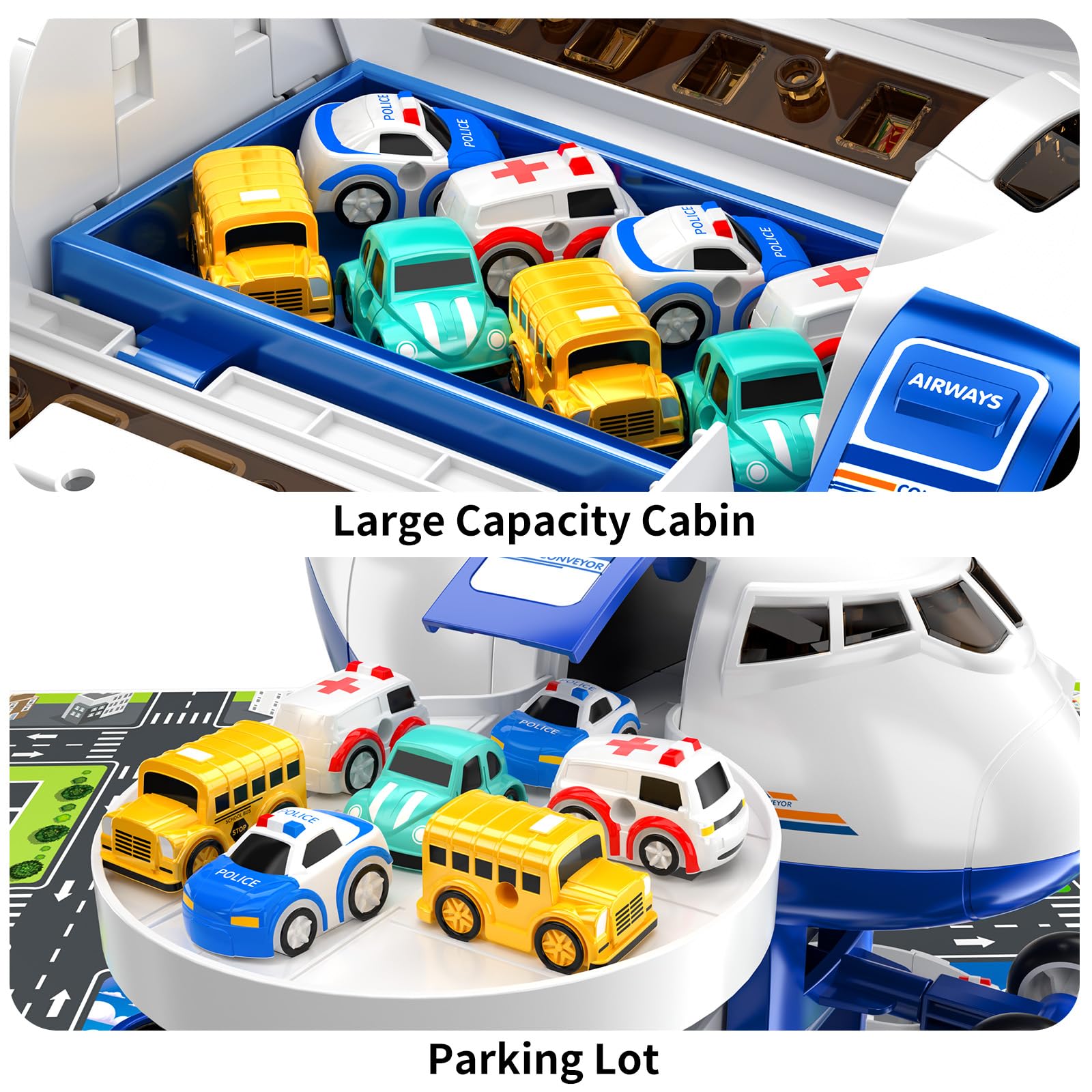 TEMI Kids Airplane & Race Car Toy Set for Boys & Girls Ages 2-7 - 8 City Vehicles with Parking Garage Playmat | STEM Learning Toy for Toddlers | Birthday Gift for 3-6 Year Olds | Perfect for Indoor Play, Preschool Learning & Adventure Imaginative Play