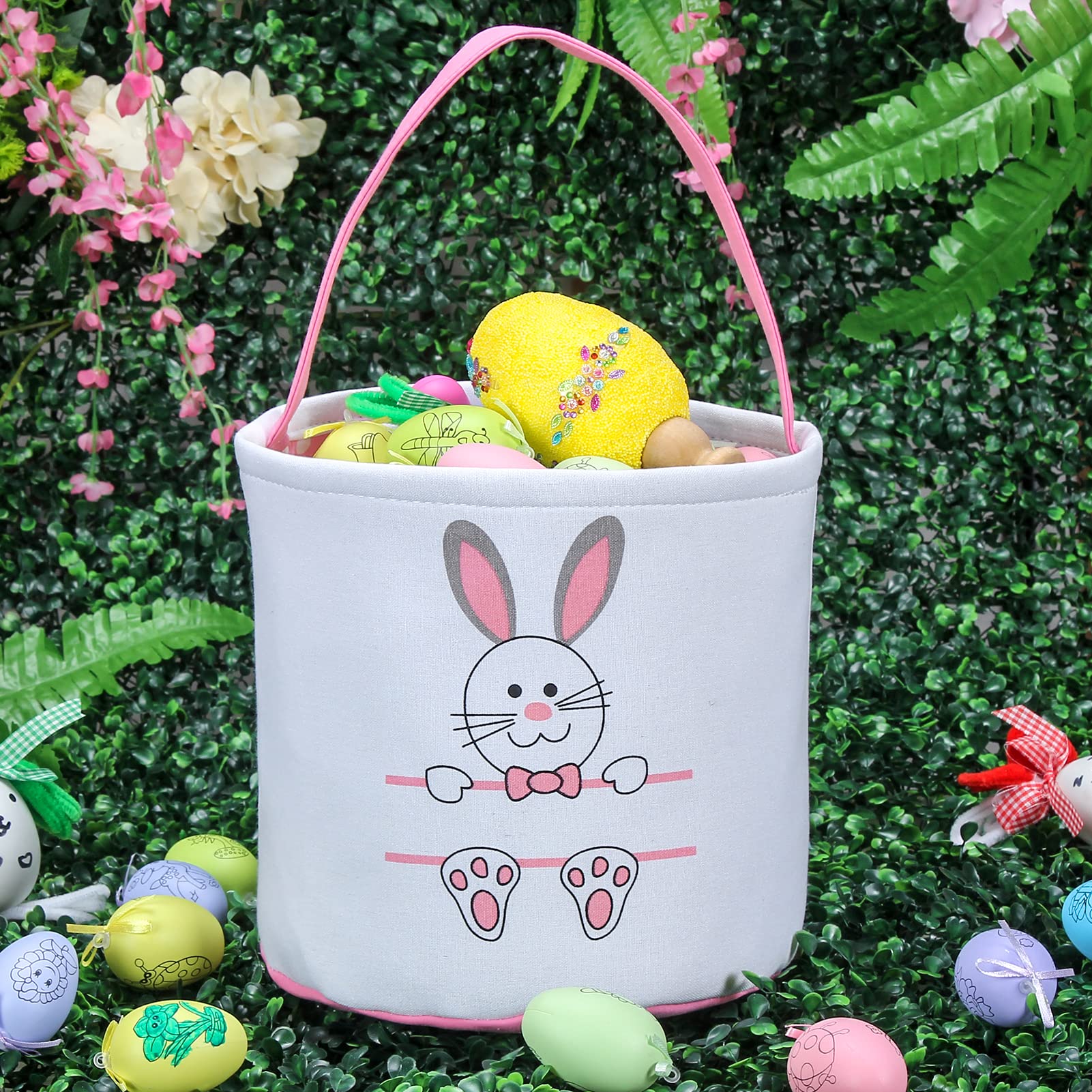 Easter Bunny Basket Egg Bags for Kids - Personalized Canvas Cotton Candy Egg Basket with Rabbit Print & Fluffy Tail - Perfect for Easter Egg Hunts, Party Favors, and Spring Gift Giving