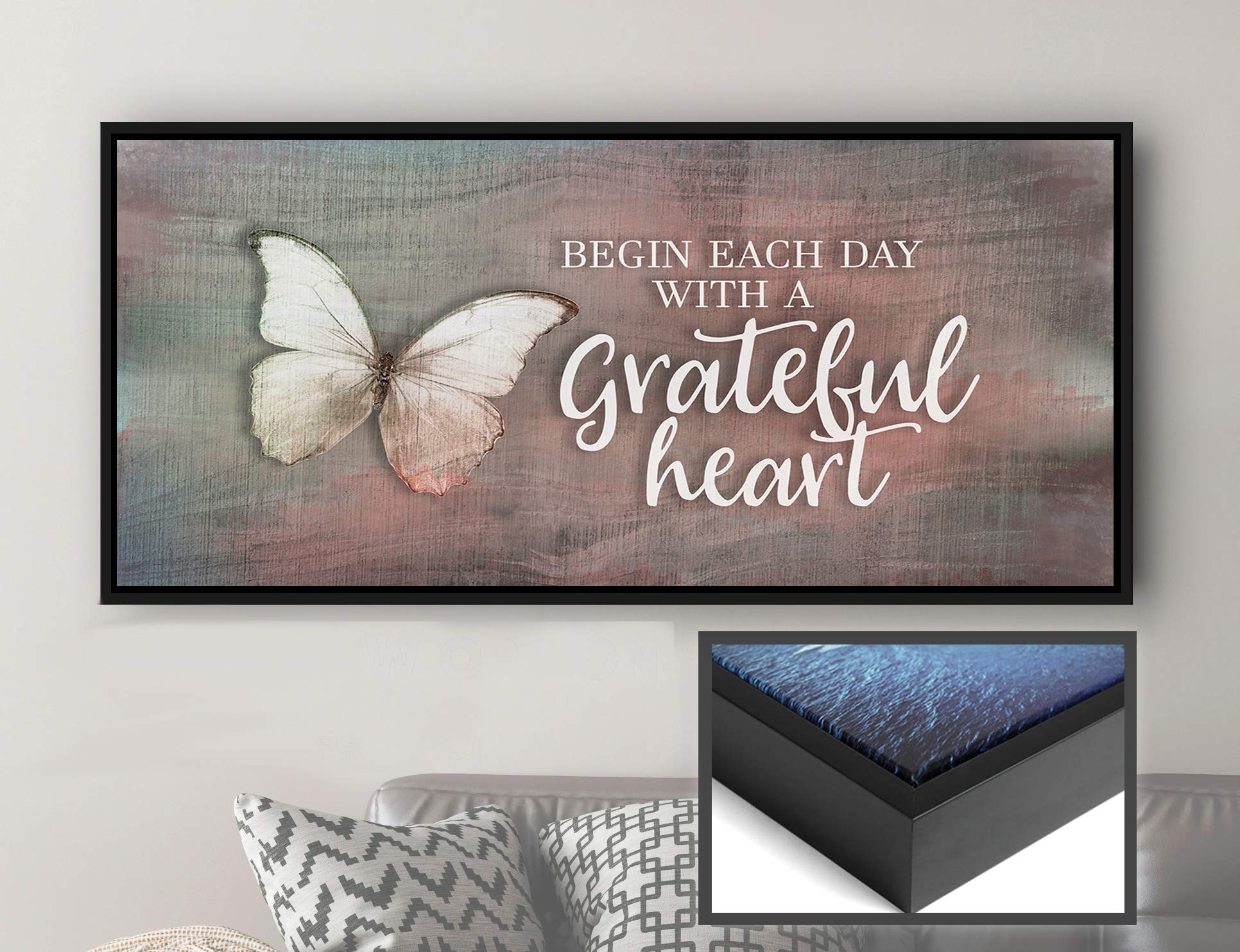 Inspirational Wall Art - 'Begin Each Day' Motivational Quote Canvas Print with Pink Butterfly Design, Religious Blessed Décor, Large 42x19 Inch Black Floating Frame - Perfect for Home, Office & Gift Giving