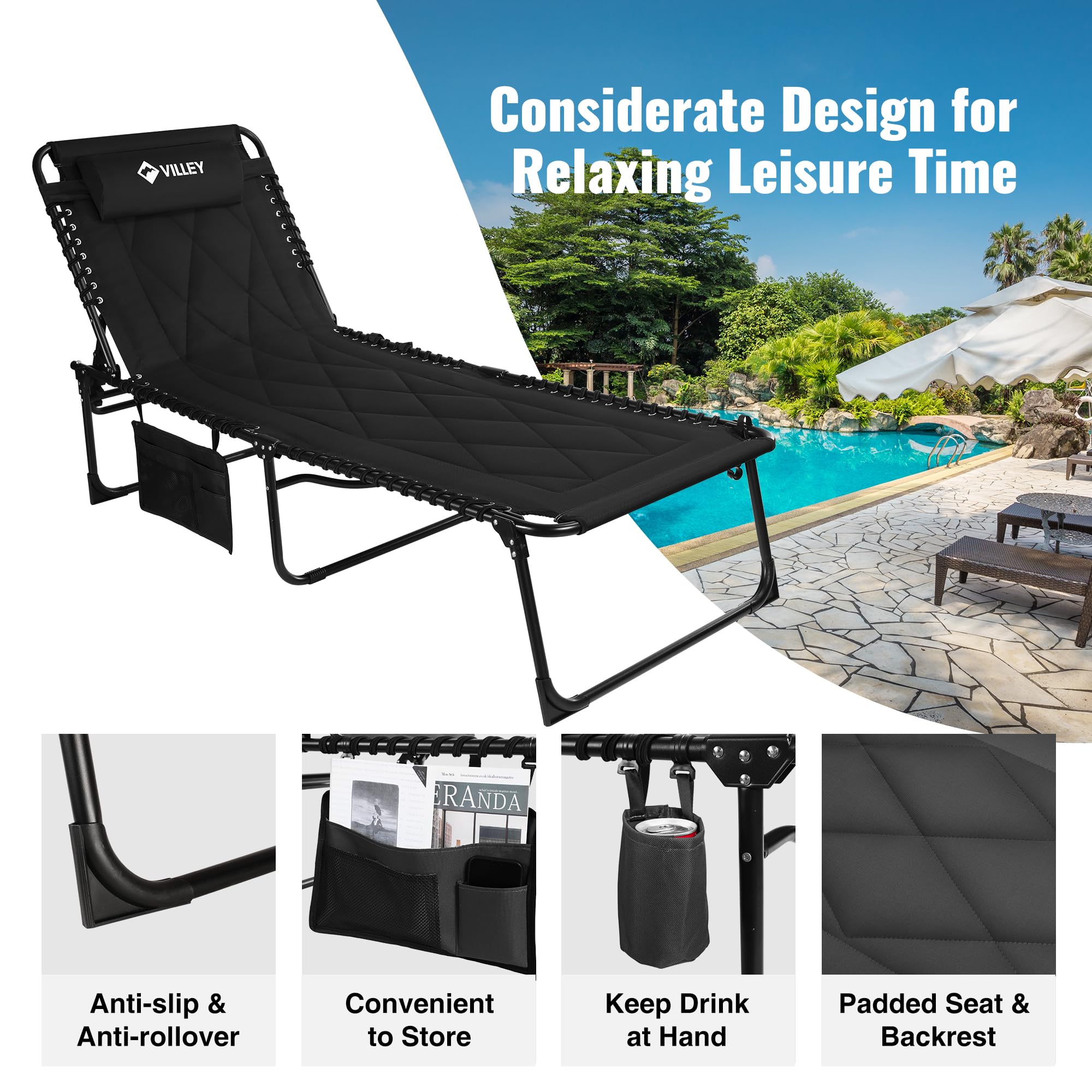VILLEY Oversized Padded Chaise Lounge Chair with Cushion - Foldable Camping Cot & Patio Recliner - Portable Folding Sleeping Bed for Outdoor, Indoor, Backyard, Garden - Perfect for Camping, Beach Tanning, Poolside Relaxation & Sunbathing
