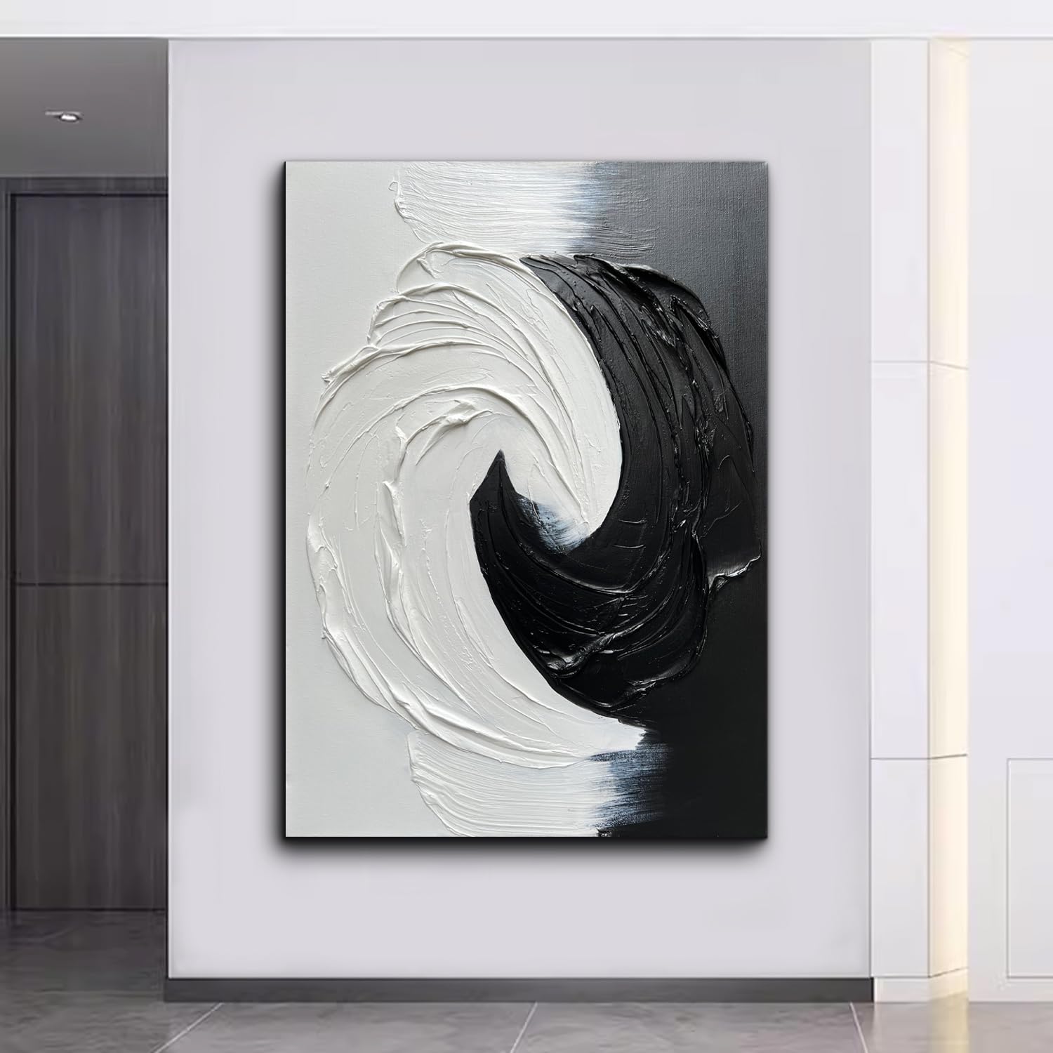Creespi Black and White Abstract Oil Painting 28x40 Inch - Hand Painted Textured Canvas Art, Modern Minimalist Wall Decor for Living Room, Bedroom & Office