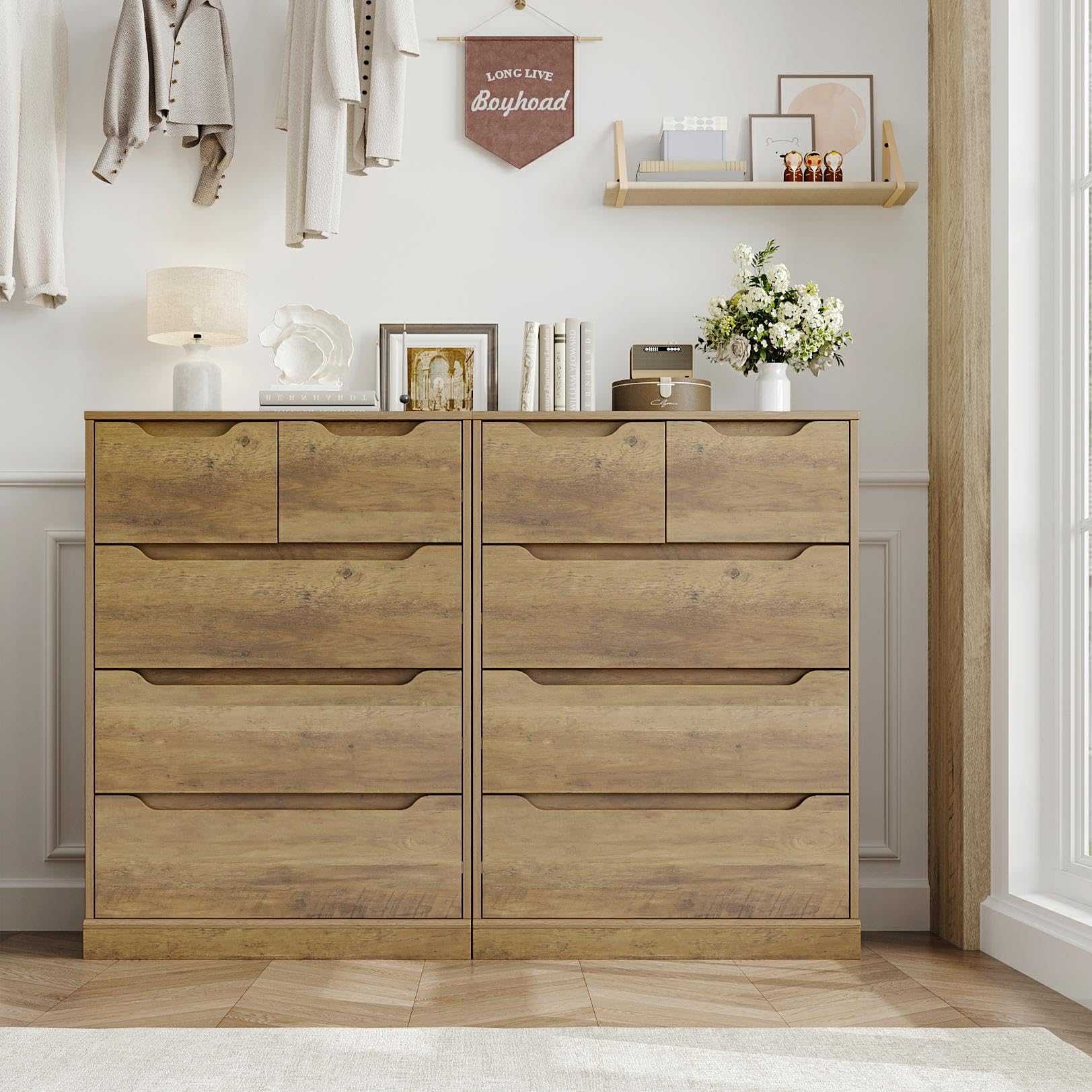 HOSTACK Modern 5-Drawer Wooden Dresser with Storage - Rustic Brown Chest of Drawers for Bedroom, Living Room, Entryway & Hallway - Space-Saving Storage Cabinet with Cut-Out Handles for Clothes, Linens & Home Organization