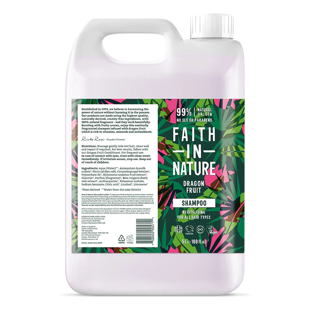 Faith In Nature Dragon Fruit Shampoo Refill 5L - Vegan & Cruelty-Free Hair Care for All Hair Types - Perfect for Salons, Spas & Eco-Conscious Homes