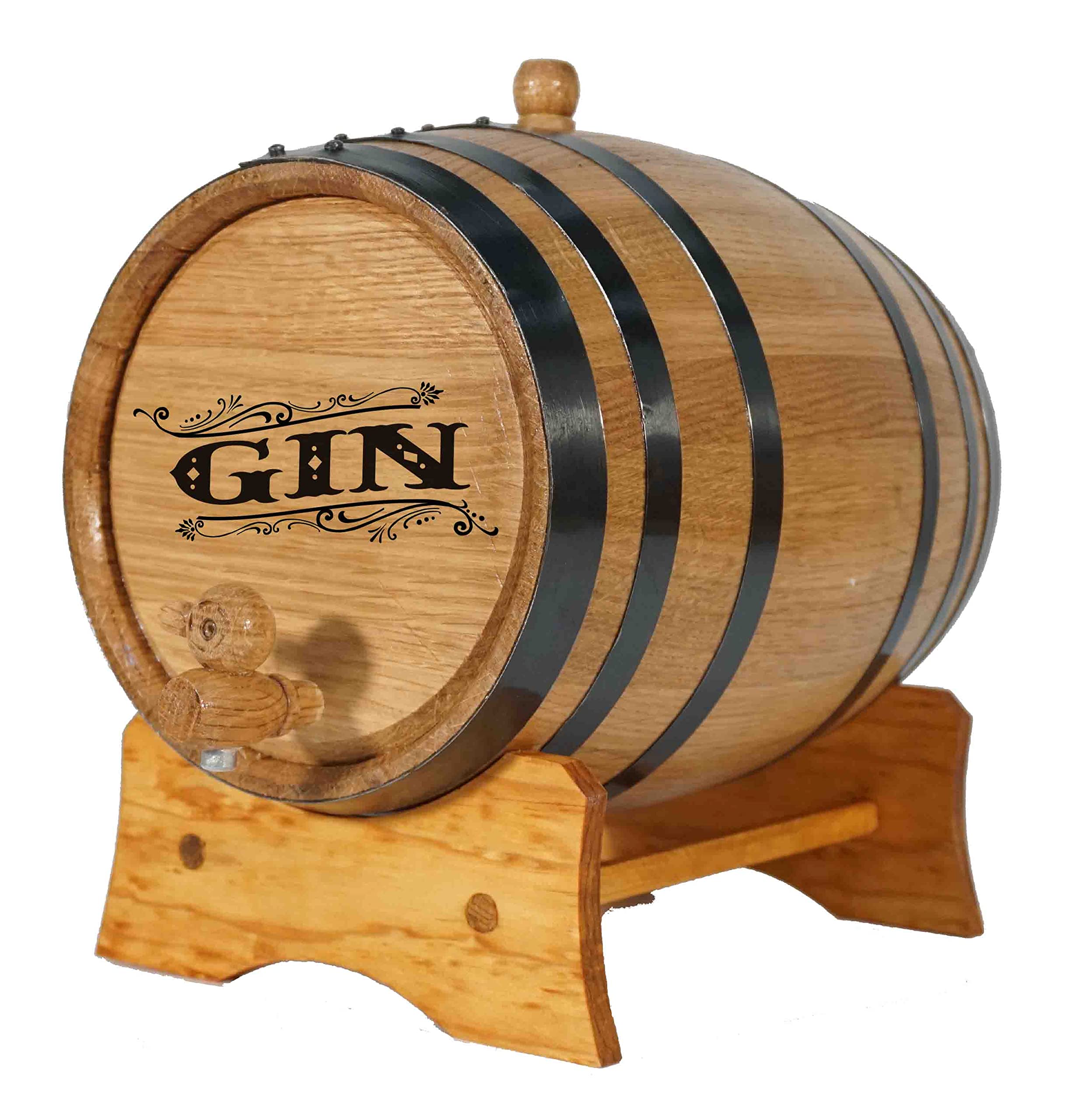 2.5 Gallon (10 Liter) American Oak Aging Barrel with Stand - Bung & Spigot Included - Laser Engraved Whiskey & Gin Barrel (B524 Design) - Perfect for Home Brewing, Craft Cocktails & Unique Gift Ideas
