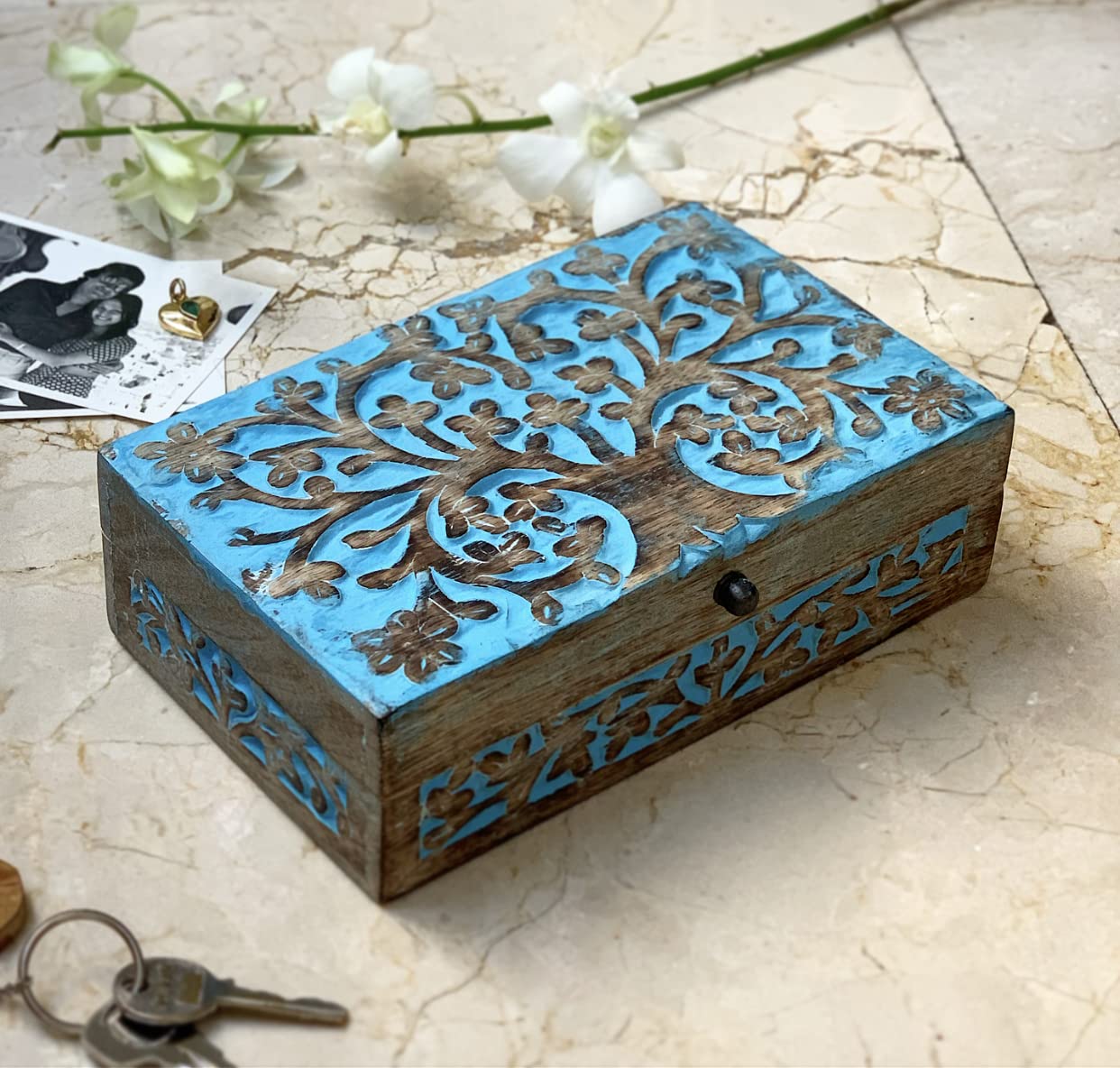 Handmade Wooden Jewelry Box with Tree of Life Carving - Jewelry Organizer, Keepsake Box & Watch Storage - Perfect Birthday, Housewarming Gift for Women - Great for Travel, Bedroom Dresser & Wedding Jewelry Storage