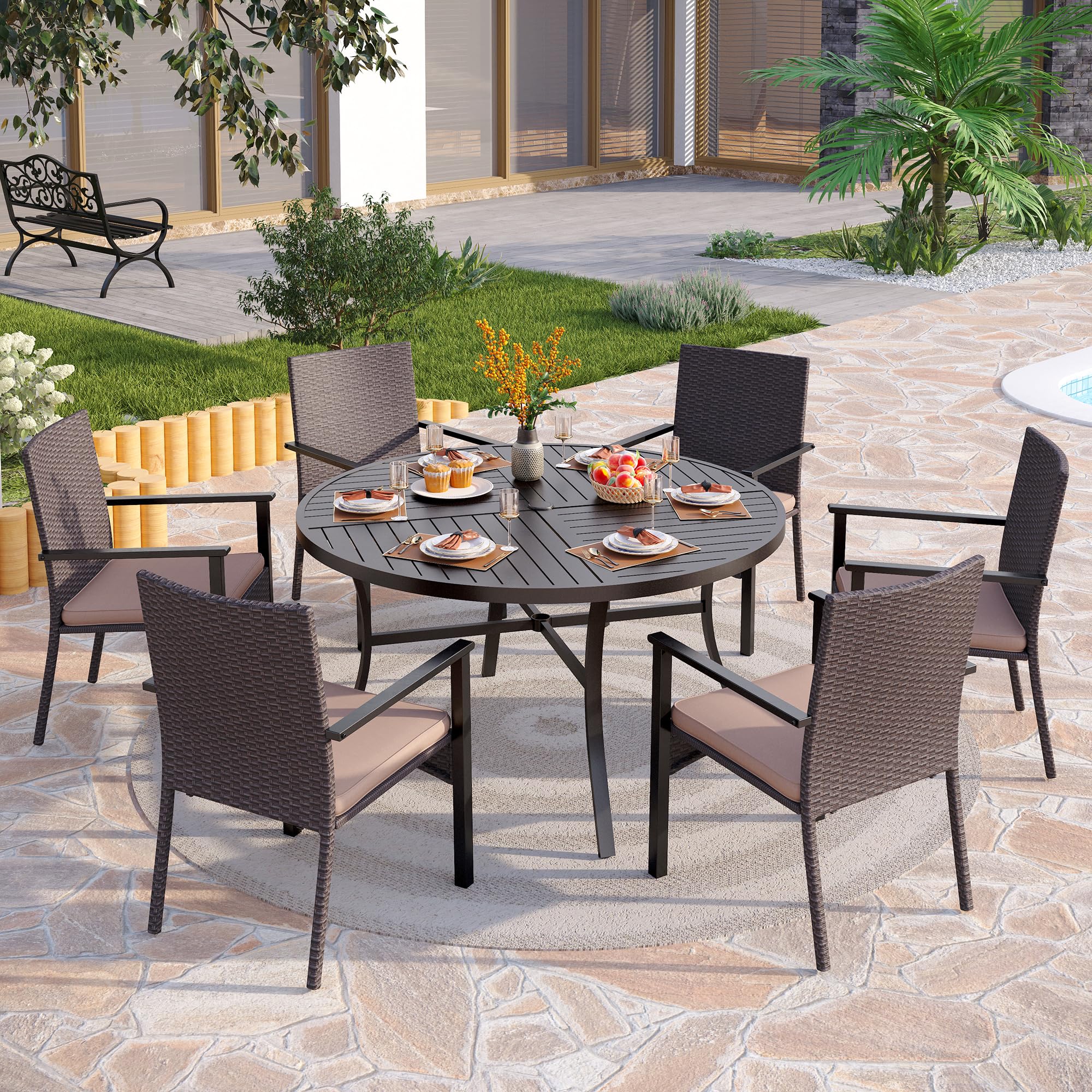 PHI VILLA 7-Piece Outdoor Patio Dining Set - Round Metal Table with Umbrella Hole & 6 Cushioned Wicker Chairs - Weather-Resistant Rattan Furniture for Garden, Backyard, Deck or Porch - Perfect for Family BBQs, Outdoor Entertaining and Summer Gatherings