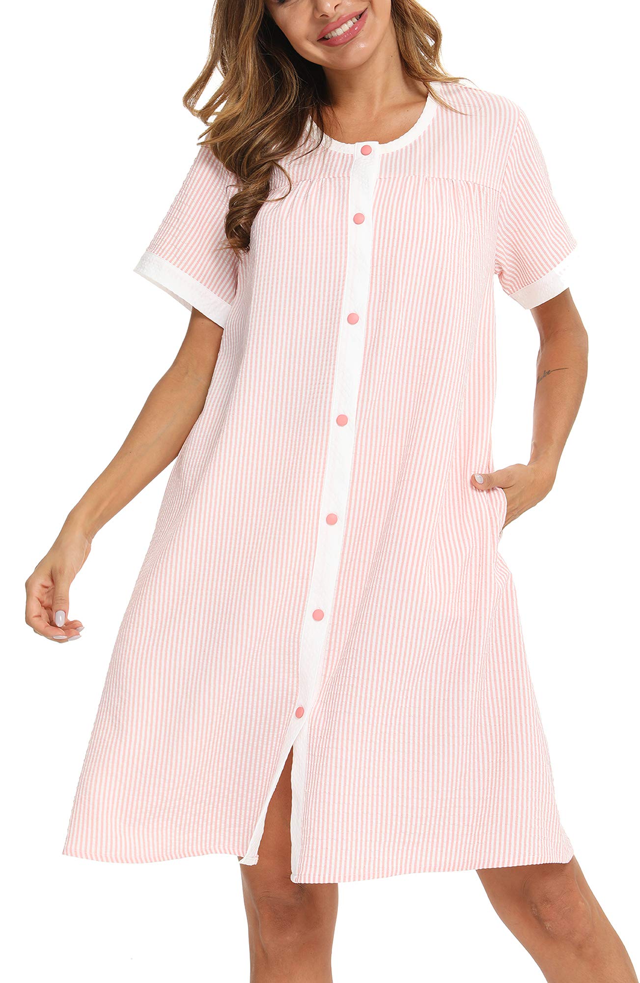 YOZLY Women's Short Sleeve House Dress with Pockets - Comfortable Cotton Duster Robe & Nightgown for Lounge, Sleepwear and Relaxing at Home