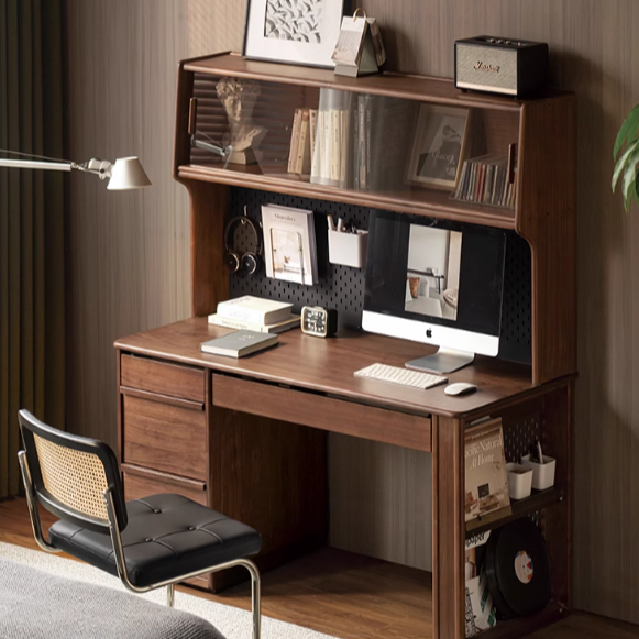 Premium Black Walnut Solid Wood Computer Desk with Bookshelf - Home Office Workstation for Remote Work & Study