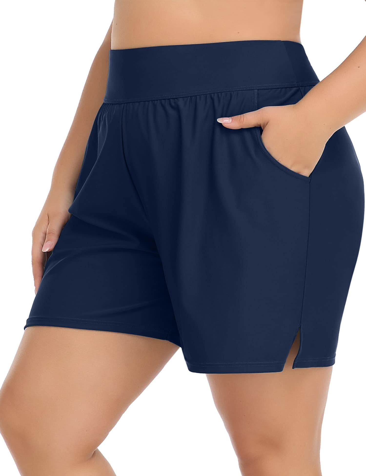 Charmo Women's High Waist Swim Shorts - Tummy Control Board Shorts in Black & Blue | Plus Size Swimwear for Beach, Pool & Water Sports