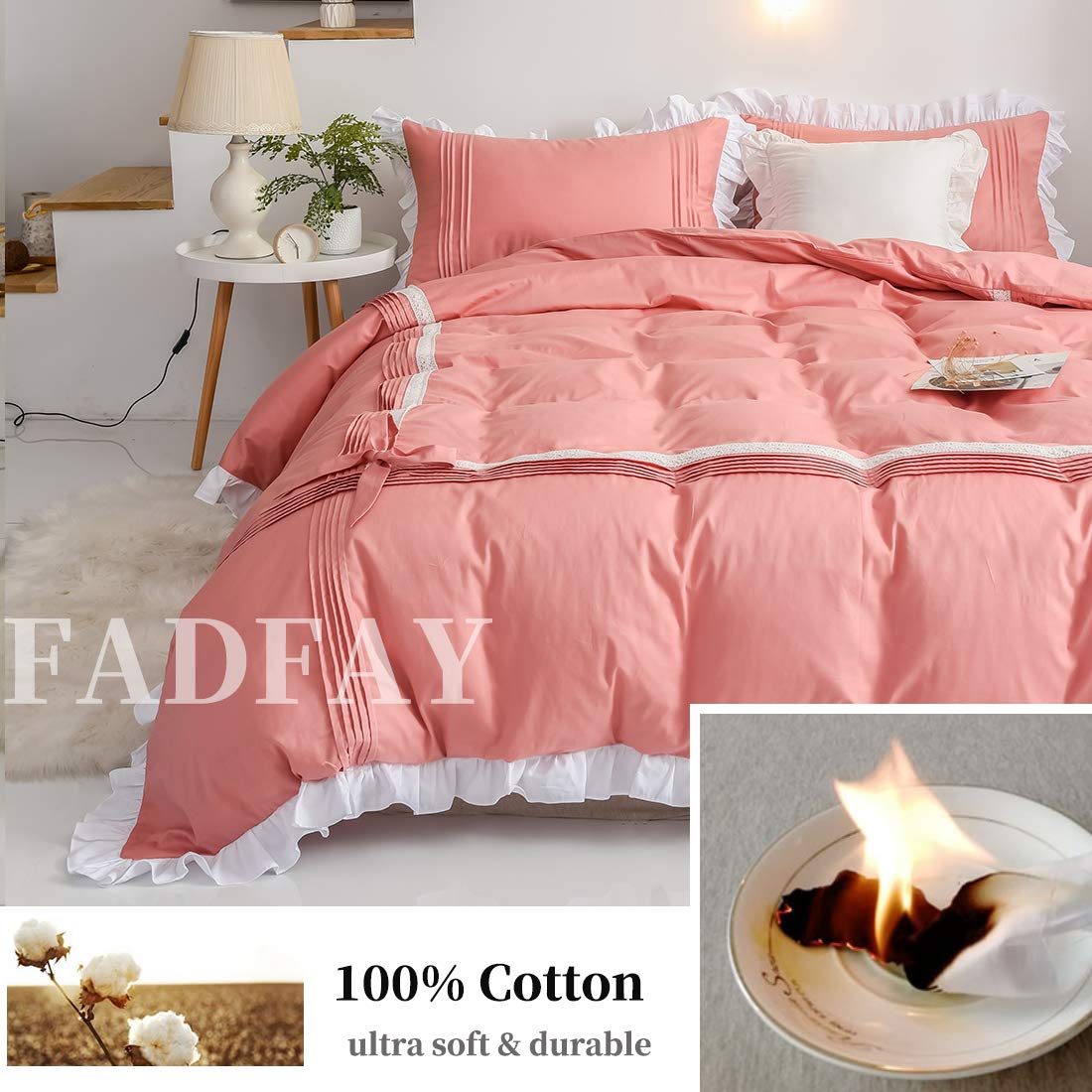 FADFAY 100% Cotton 600 Thread Count Twin Princess Bedding Set - Elegant Ruffle Duvet Cover with Lace Trim, Zipper Closure & Corner Ties | Ultra Soft, Anti-Fade Coral Pink Comforter Cover for Girls | Perfect for Kids' Bedrooms, Sleepovers & Nursery Decor
