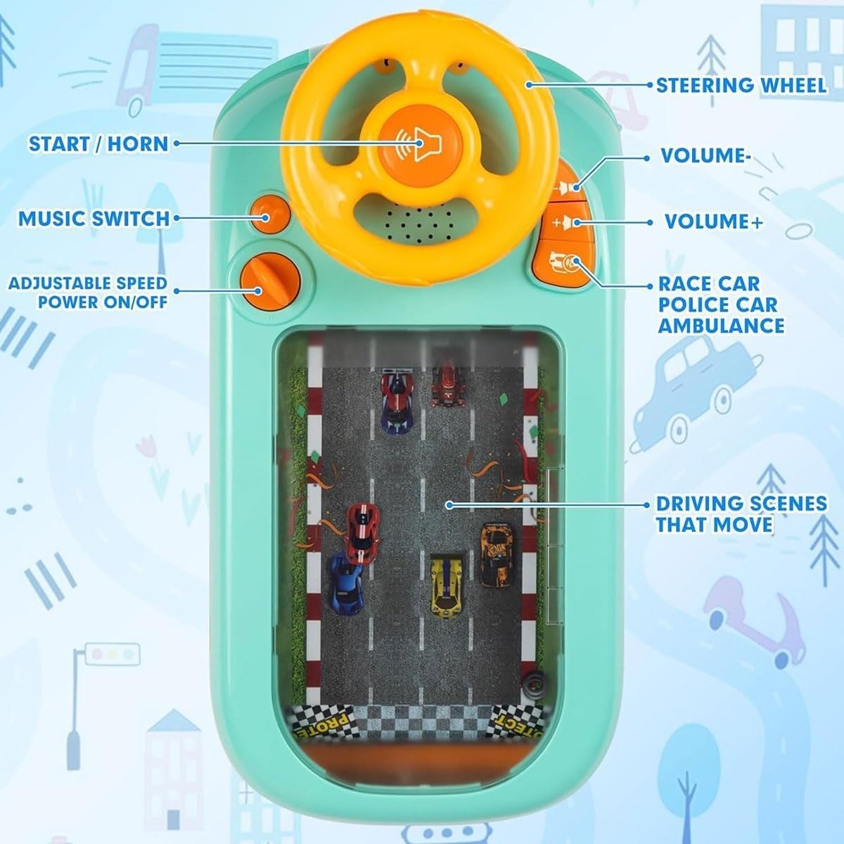**Kids Steering Wheel Toy - Interactive Car Racing Adventure Toy for Toddlers 1-3, Fun Driving Game for Backseat Play (Blue & Green) – Perfect for Road Trips & Pretend Play**