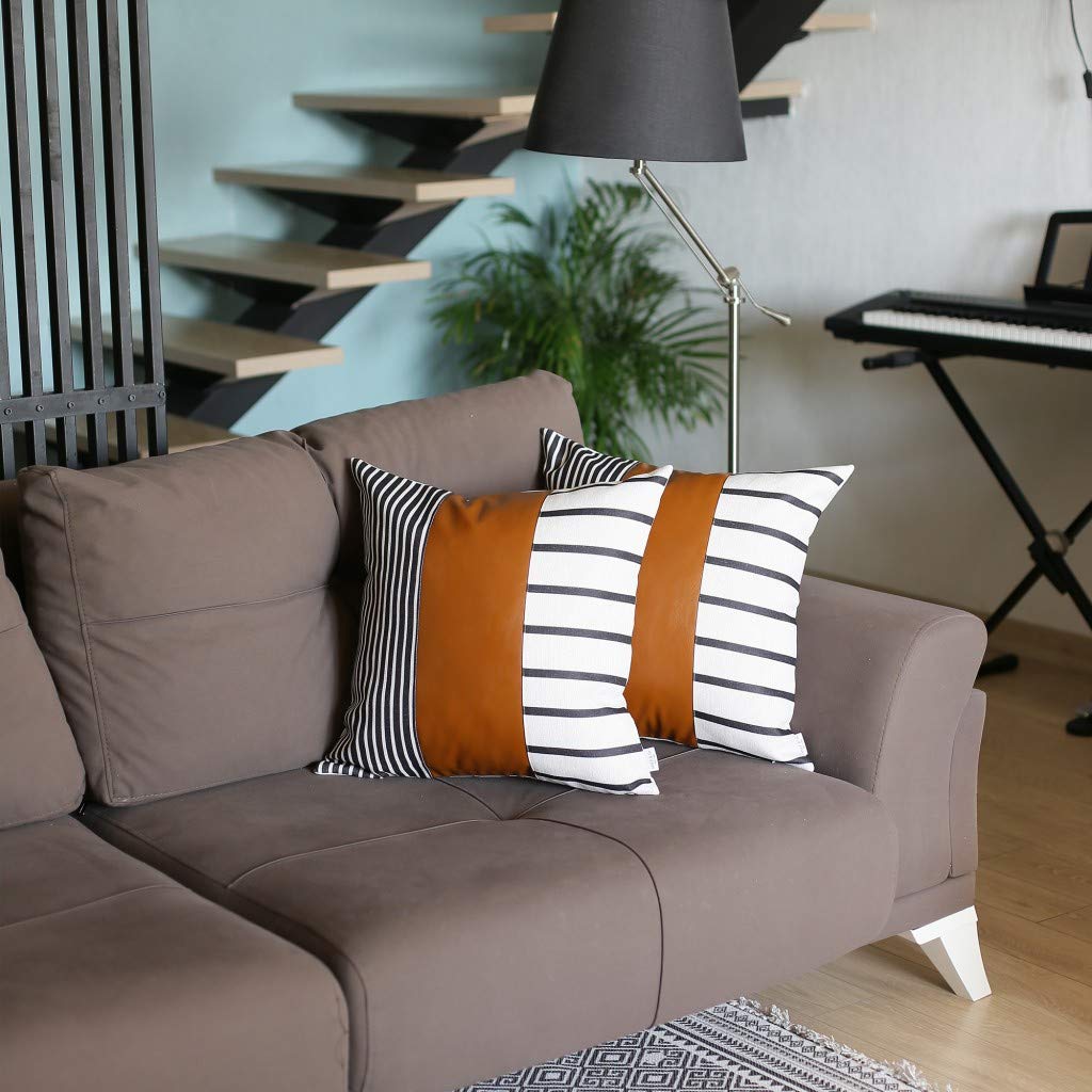 Premium Set of 2 Black & White Striped & Brown Faux Leather Decorative Pillow Covers - Modern Farmhouse & Boho Chic Home Decor for Sofa, Bed, Living Room