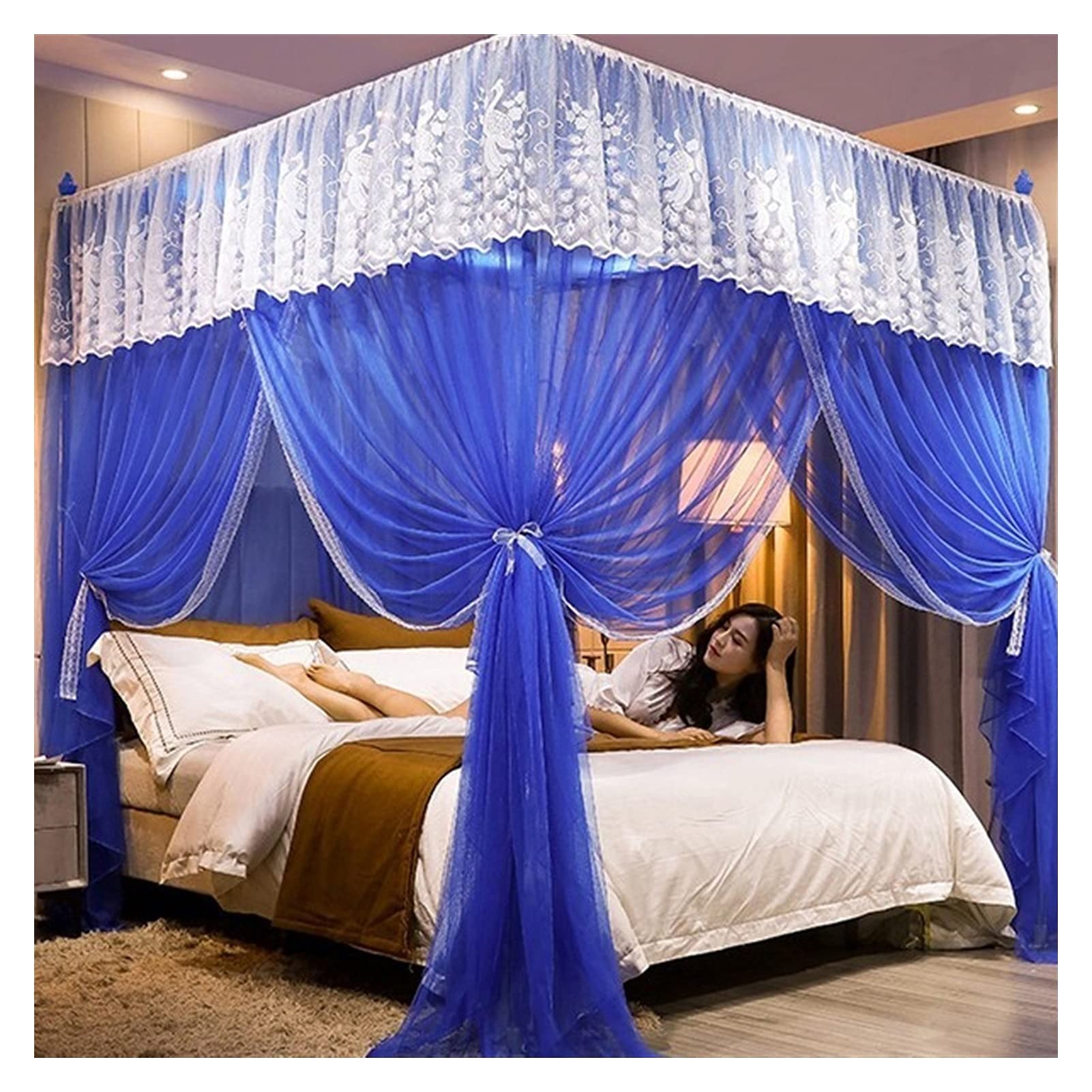 SHIJIE1701AA Bed Canopy with 3 Side Openings - Romantic Post Bed Curtains, Breathable Netting Canopy for Queen/King Size Beds (1.8x2.2m) - No Bracket Needed | Perfect for Bedroom Decor, Wedding Decorations & Boho Chic Home Styling