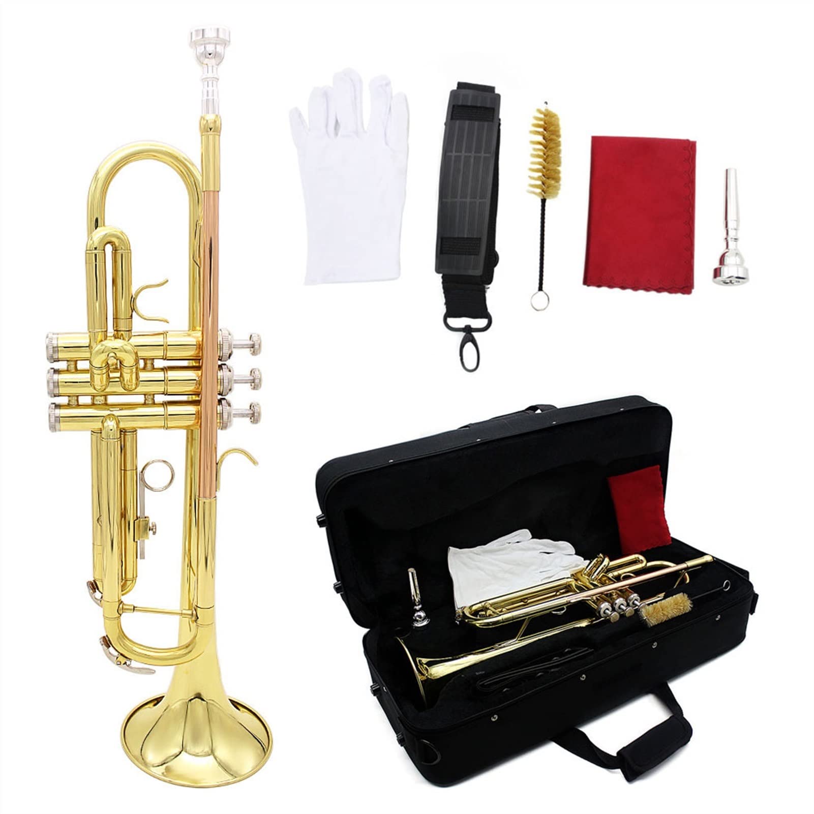**Bb Trumpet for Beginners - Professional B Flat Brass Phosphor Copper Trumpet with Mouthpiece, Cleaning Brush, Glove & Strap - Perfect for School Band, Jazz Ensemble & Music Practice**