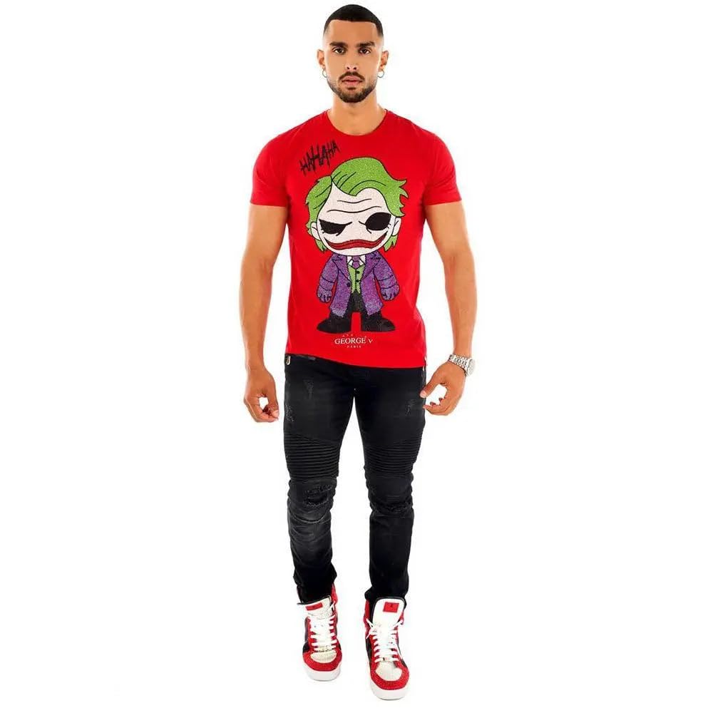 George V Men's Crystal Joker Graphic T-Shirt - Red Cotton Tee for Casual Wear, Cosplay & Comic Con Events