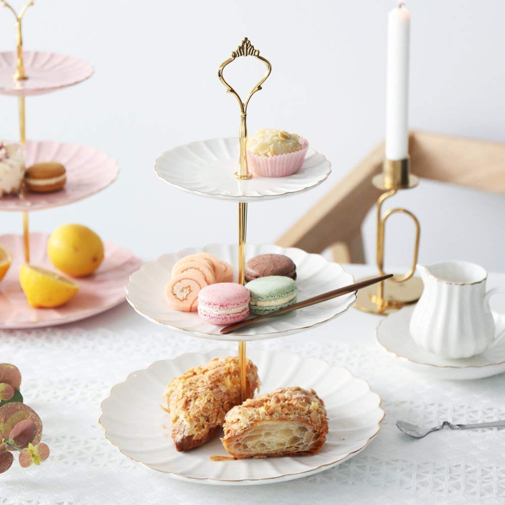 SWEEJAR British Royal Porcelain Tea Set - 8 OZ Teacups with Saucers, Teapot, Sugar Bowl, Cream Pitcher, Teaspoons & Tea Strainer + 3-Tier Ceramic Cake Stand | Elegant High Tea, Wedding, Bridal Shower & Afternoon Party Serving Set