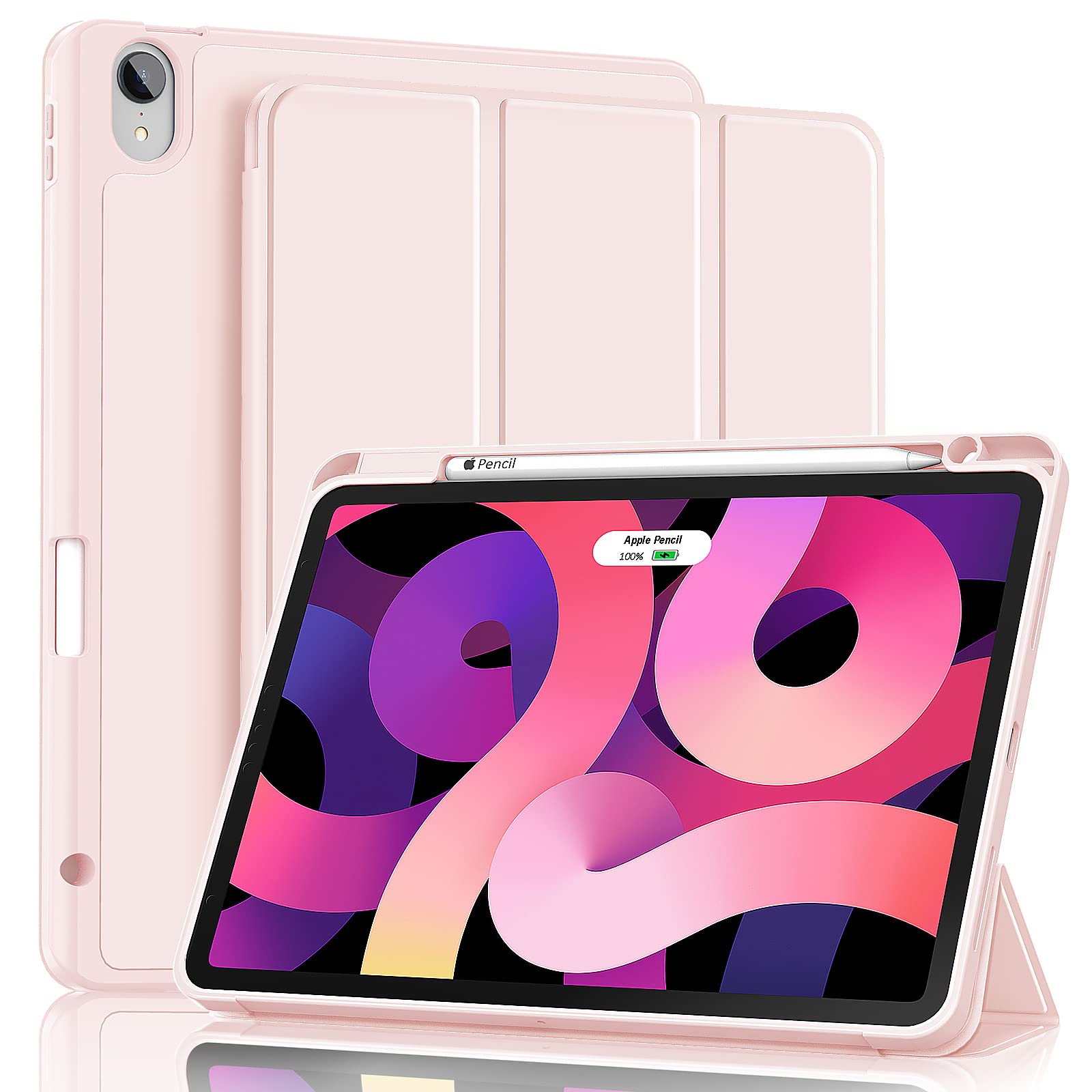 Hoidokly iPad Air 5th Generation Case 2022 & iPad Air 4th Generation Case 2020 - 10.9 Inch Protective Cover with Pencil Holder, Touch ID Support & 2nd Gen Pencil Charging | Trifold Stand Smart Folio Case in Pink | Perfect for Work, School & Travel