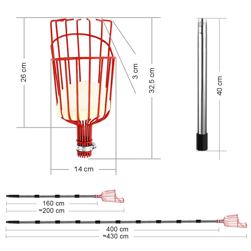Stainless Steel Telescopic Fruit Picker with 4.3m Handle - Apple Picker, Cherry Harvester for Garden, Orchard & Outdoor Use - Perfect for Harvesting Pears, Apples & Hard-to-Reach Fruits