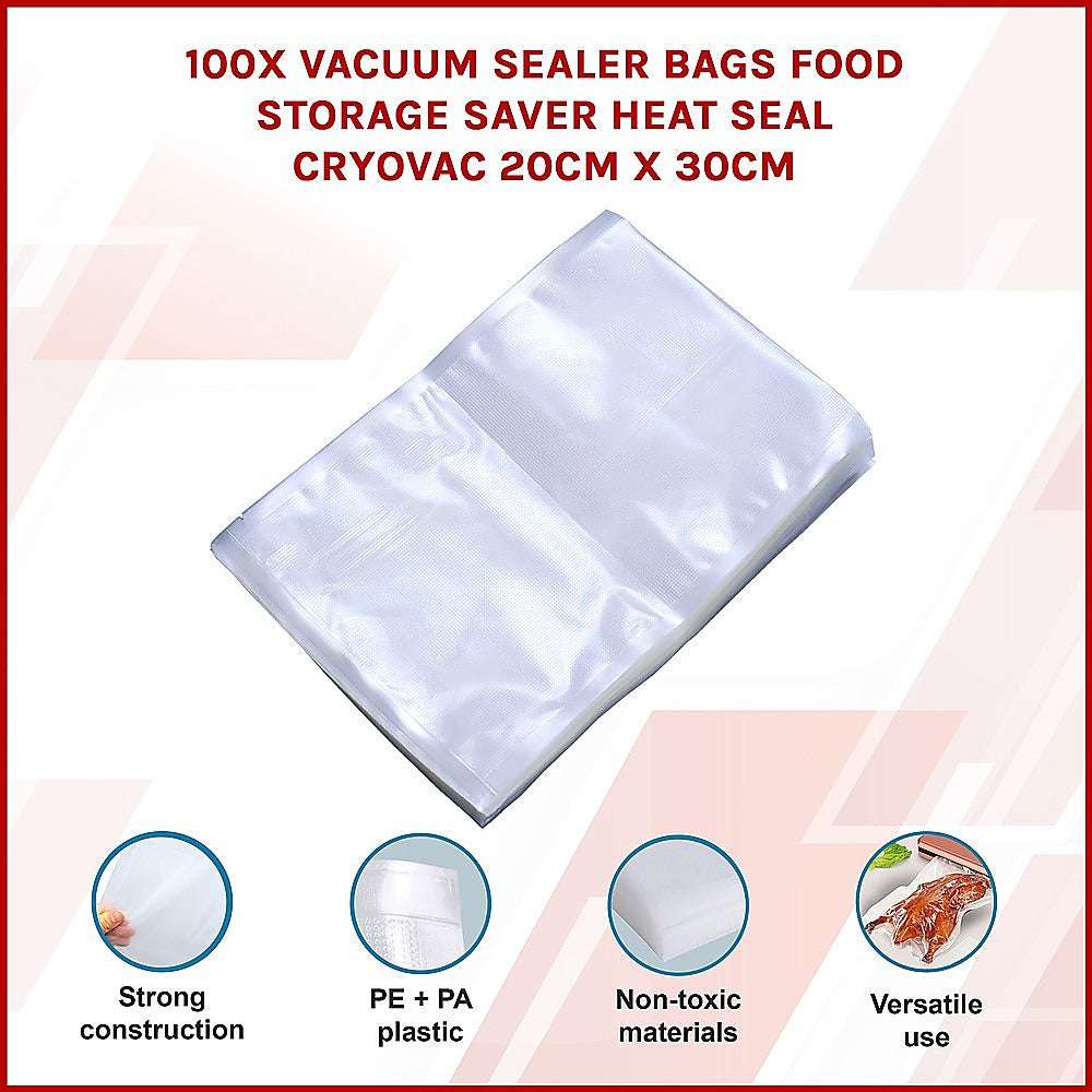100 Pack Vacuum Sealer Bags for Food Storage - 20cm x 30cm Heat Seal Cryovac Bags | Keep Food Fresh Longer for Meal Prep, Sous Vide & Freezer Storage