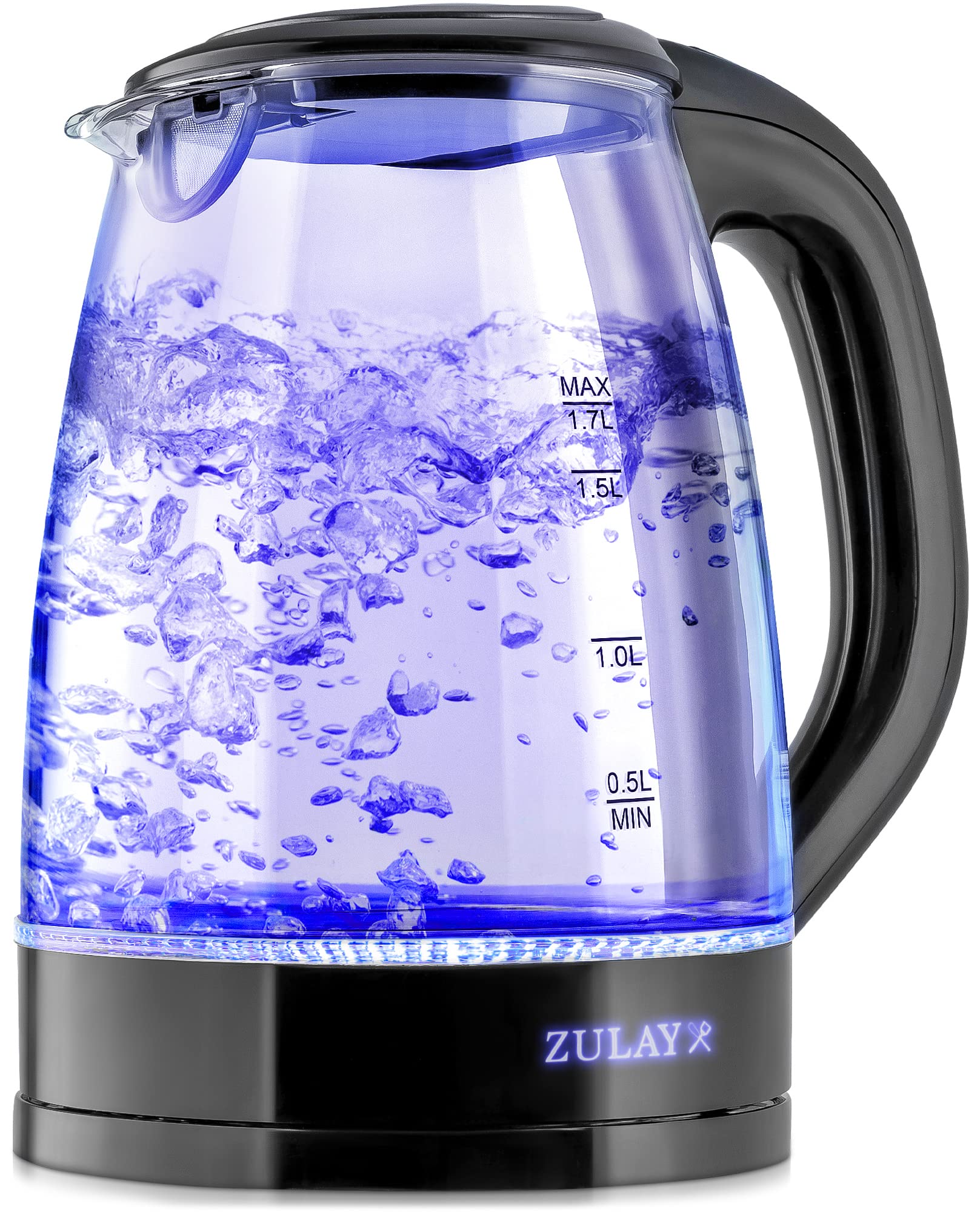 Zulay 1.7L Borosilicate Glass Electric Kettle with Blue LED Light - Fast Boiling, Auto Shut-Off & Boil-Dry Protection - Perfect for Tea, Coffee & Instant Meals in Home, Office or Dorm