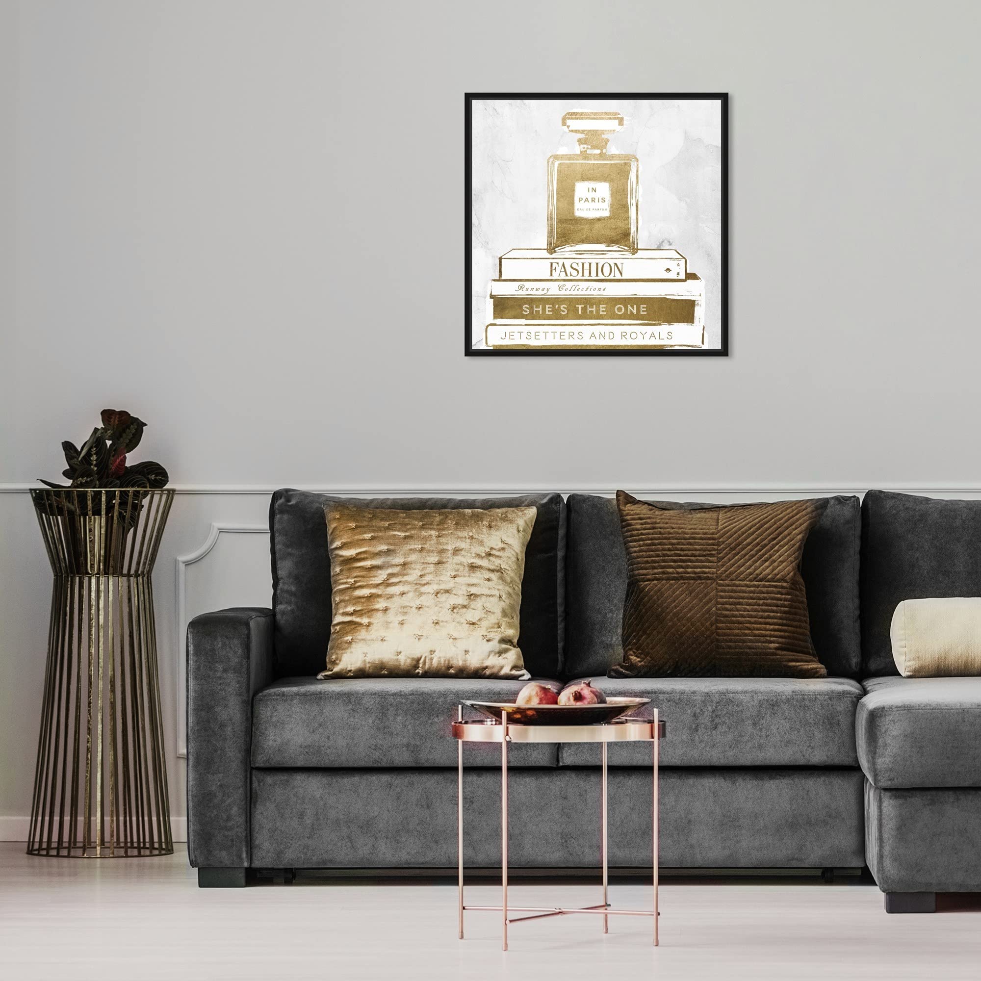 Oliver Gal Artist Co. Fashion & Glam Wall Art Canvas Print - Perfume & Books Gold Home Decor - 16x16 Black Framed Artwork - Perfect for Living Room, Bedroom & Office Decor