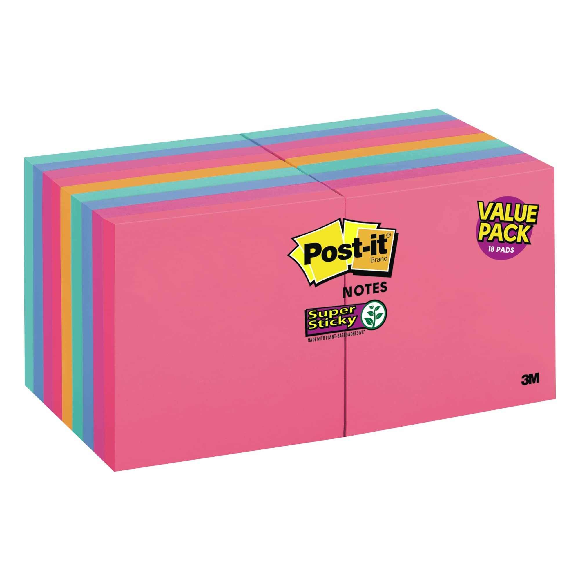 Super Sticky Notes 3x3 Inch, 18 Pads 90 Sheets - Strong Adhesive for School & Office