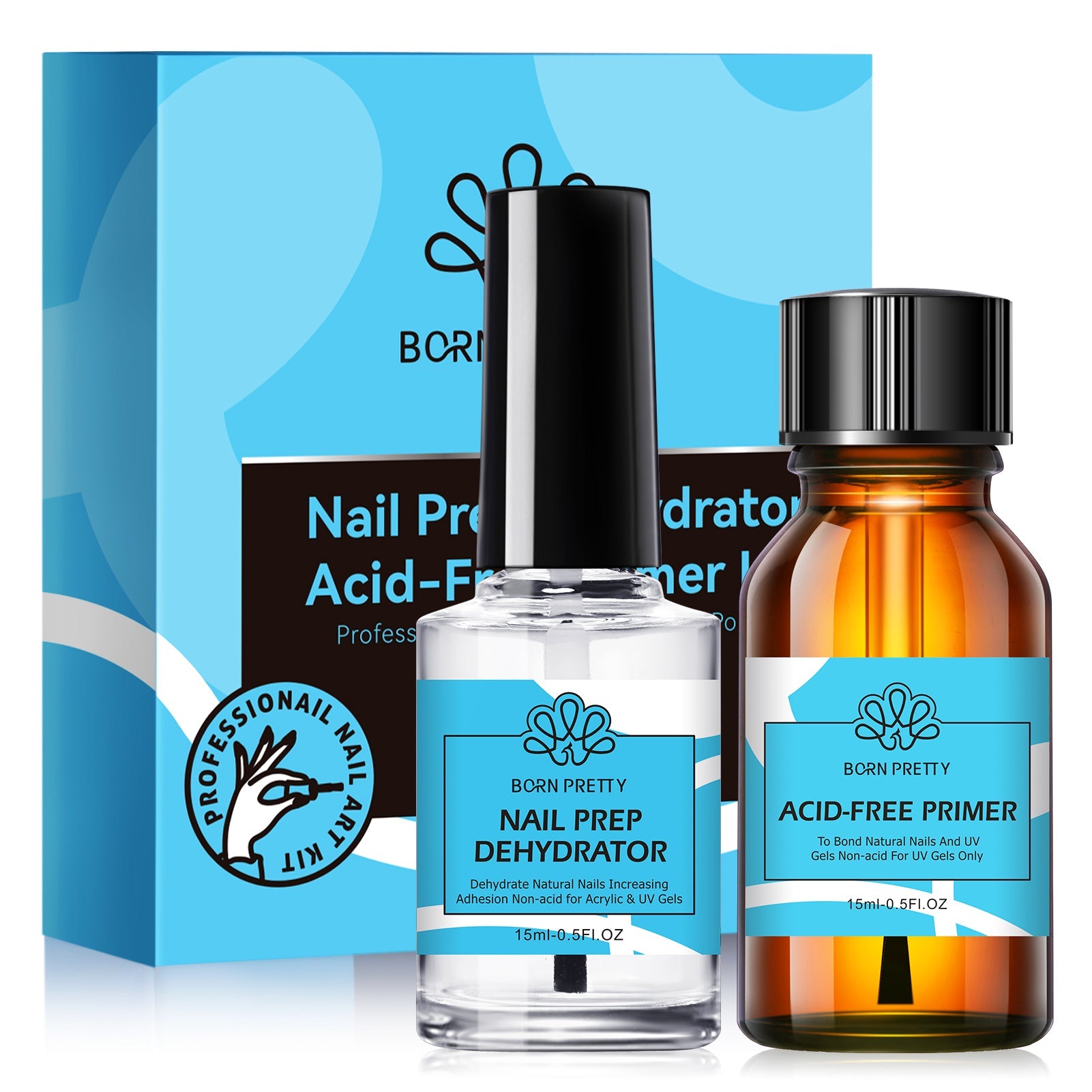 BORN PRETTY 2Pcs Nail Prep Dehydrator & Primer Set for Acrylic & Gel Nails - Professional Nail Art Kit for Salon & Home Manicure