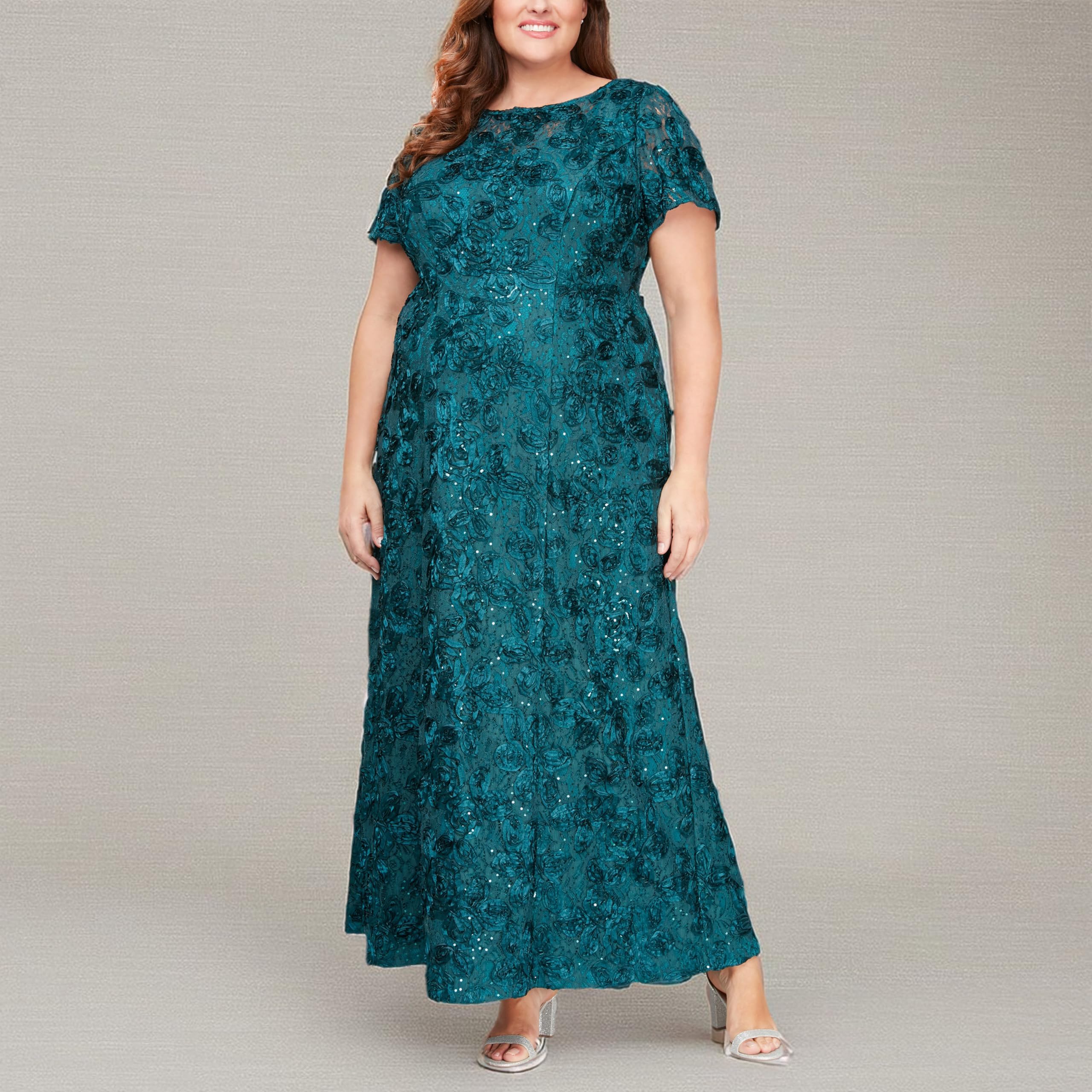 Alex Evenings Women's Plus Size Long Rosette Mother of The Bride Dress with Short Sleeves - Elegant Formal Gown for Weddings, Parties & Special Occasions