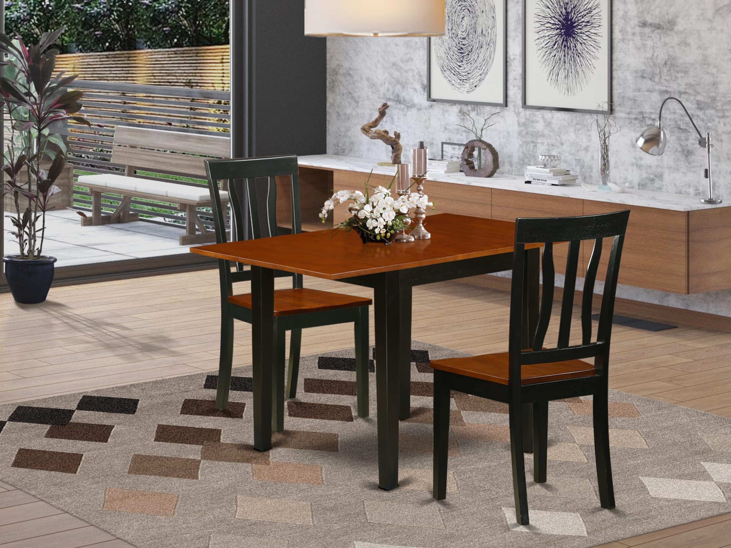 Modern 3-Piece Dining Table Set with Drop Leaf & 2 Chairs - 30x48 Inch Rectangle Wooden Table in Black & Cherry - Perfect for Small Kitchens, Breakfast Nooks & Compact Dining Spaces
