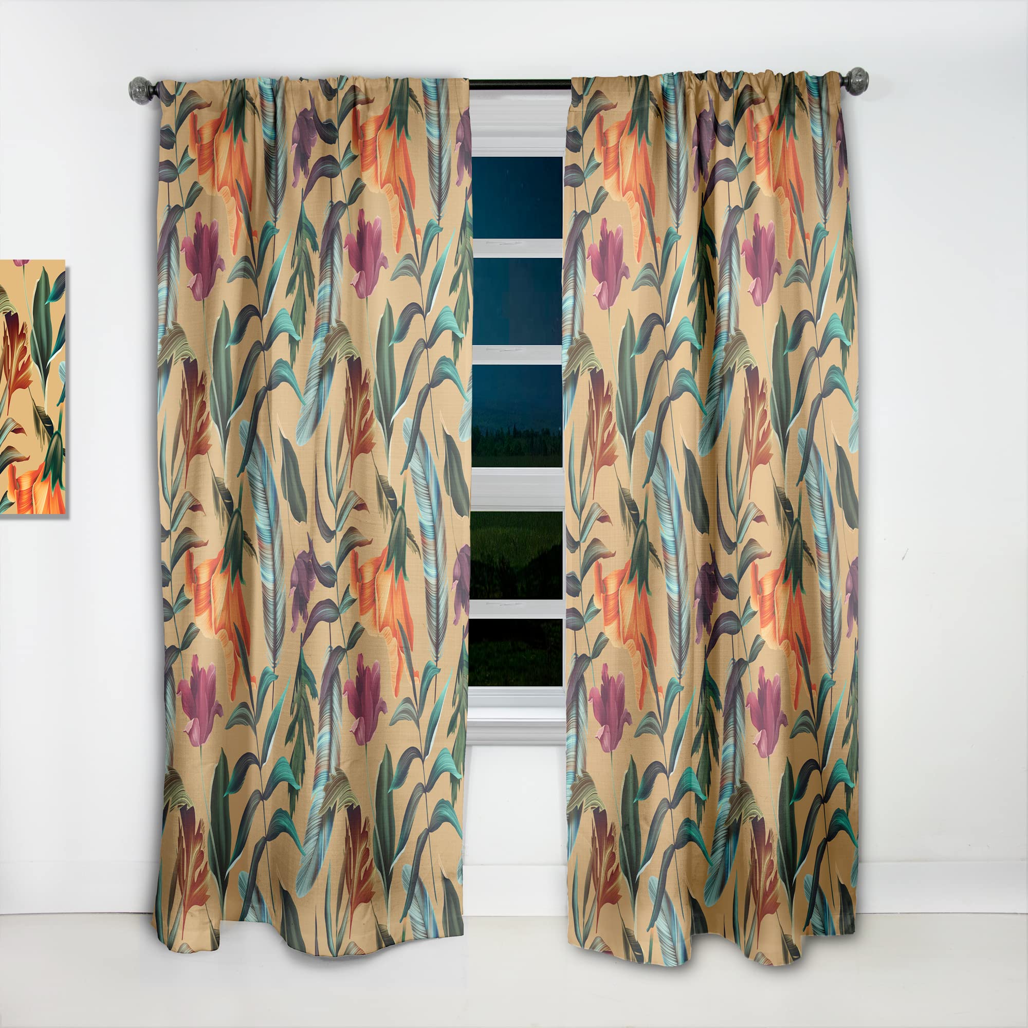 DesignQ Retro Tropical Flowers & Feathers Thermal Insulated Curtains - Single Panel 52x108 - Elegant Window Treatments for Bedroom & Living Room | Perfect for Home Decor, Privacy & Energy Efficiency