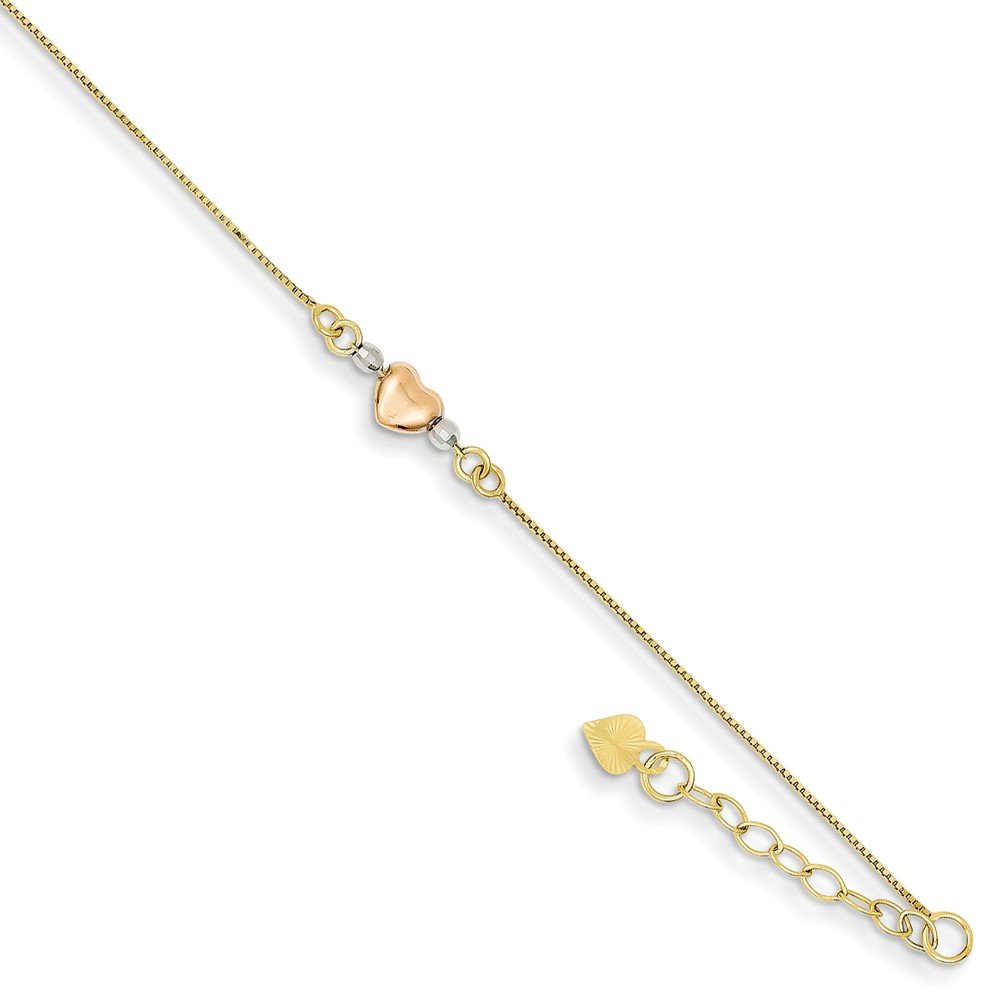 14K Tri-Color Gold Adjustable Puffed Heart Anklet Bracelet for Women - Elegant Ankle Jewelry Gift for Valentine's Day, Anniversary & Special Occasions