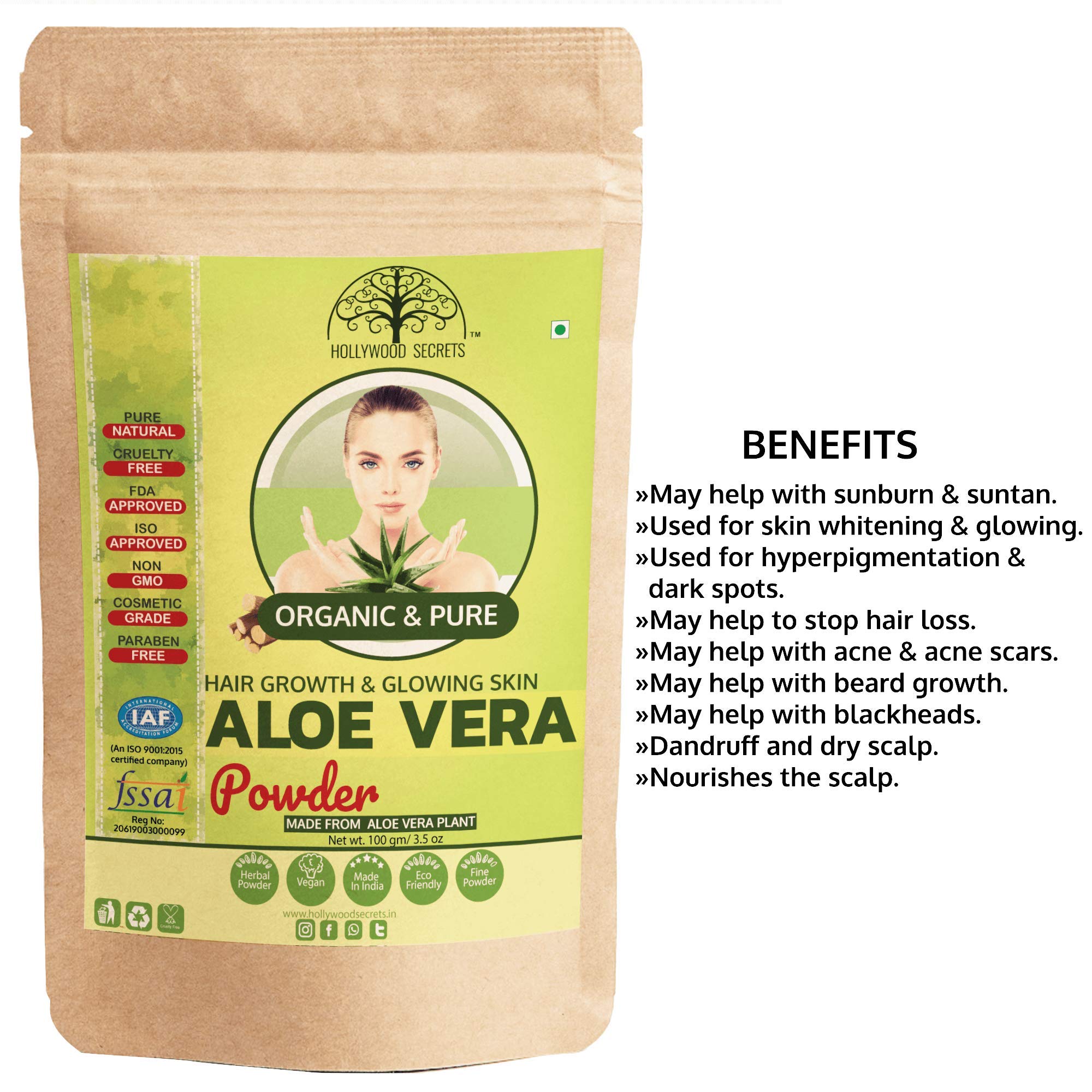 100% Organic Aloe Vera Powder for Skin & Hair Care | Anti-Hairfall & Oil Control Treatment | Hollywood Secrets Beauty Solution | Face Mask & Hair Growth Scenarios