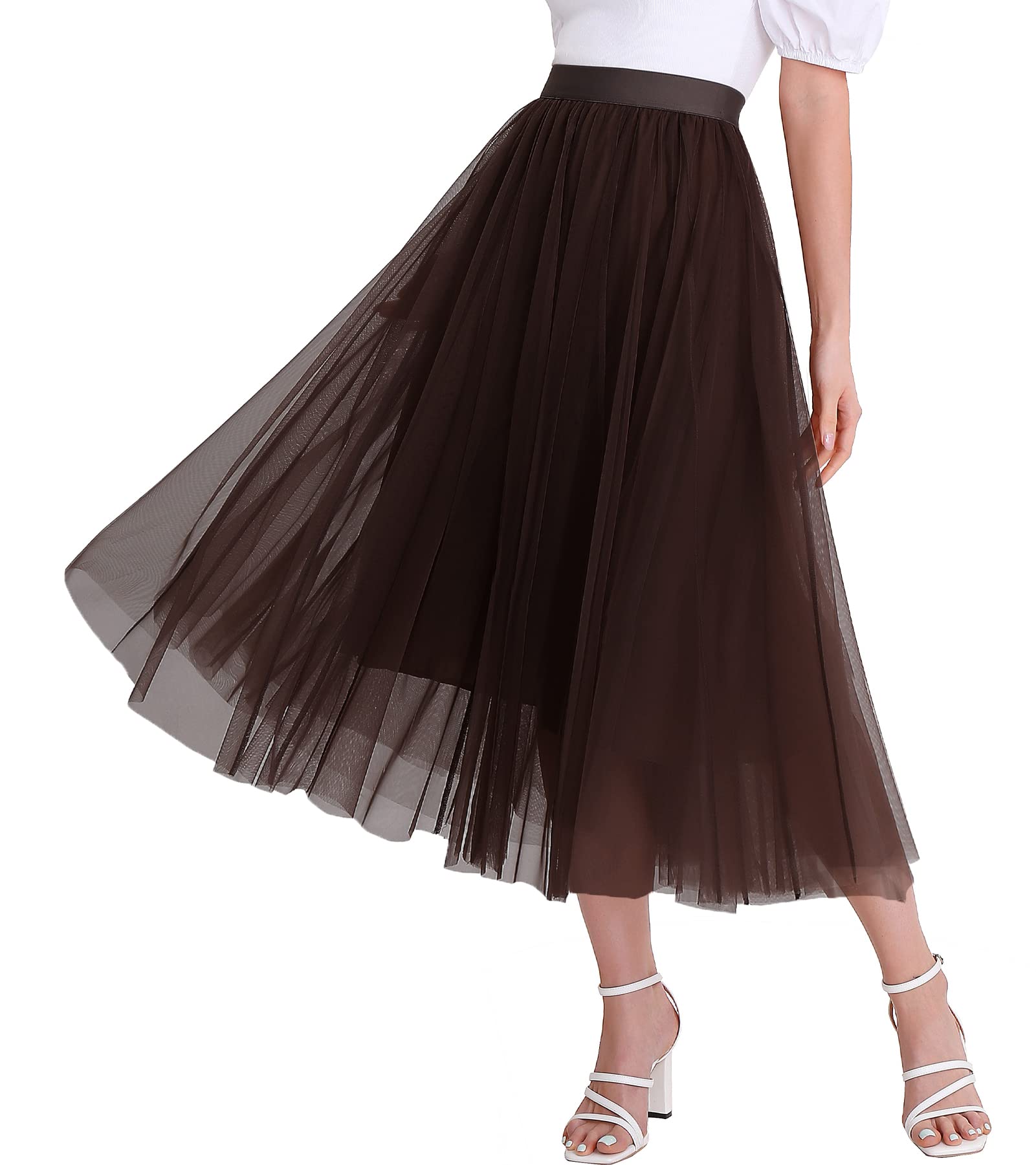 Women's High Waist Tulle Midi Skirt - Elastic Waistband, Pleated Mesh A-Line Tutu Skirt for Party, Wedding, Prom, Dance & Special Occasions