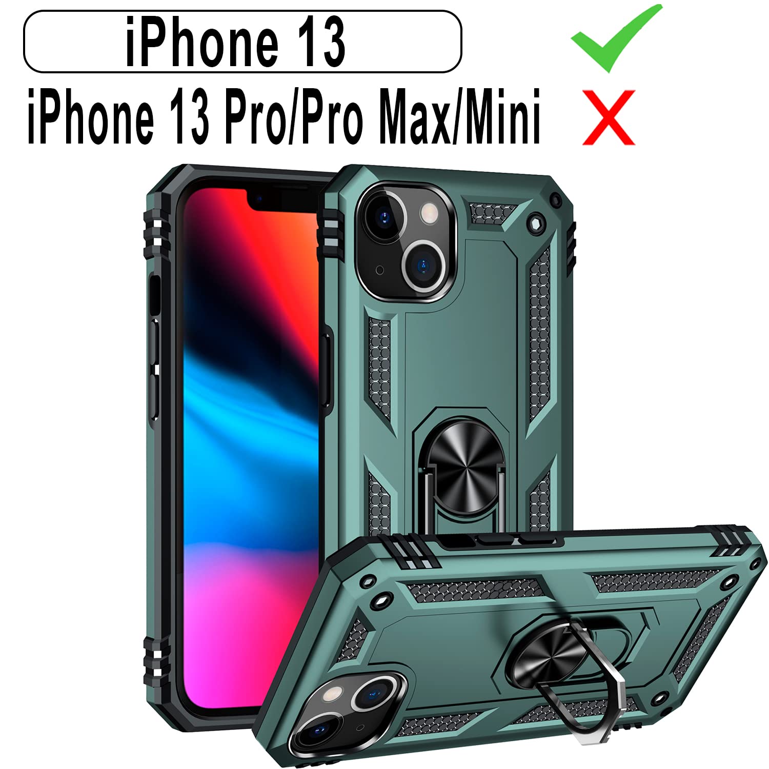 **Korecase Heavy Duty Rugged iPhone 13 Case - Shockproof, Scratch Resistant, Full Body Protection with Built-in 360° Ring Kickstand & Military-Grade Hard Cover (Green) - Perfect for Outdoor, Work, and Daily Use**