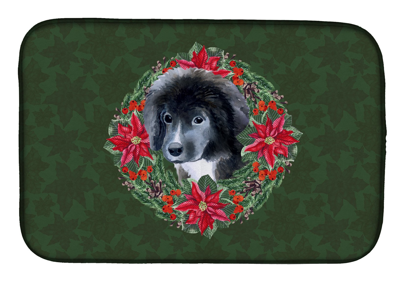 Newfoundland Puppy Poinsettia Wreath Absorbent Dish Drying Mat - 14