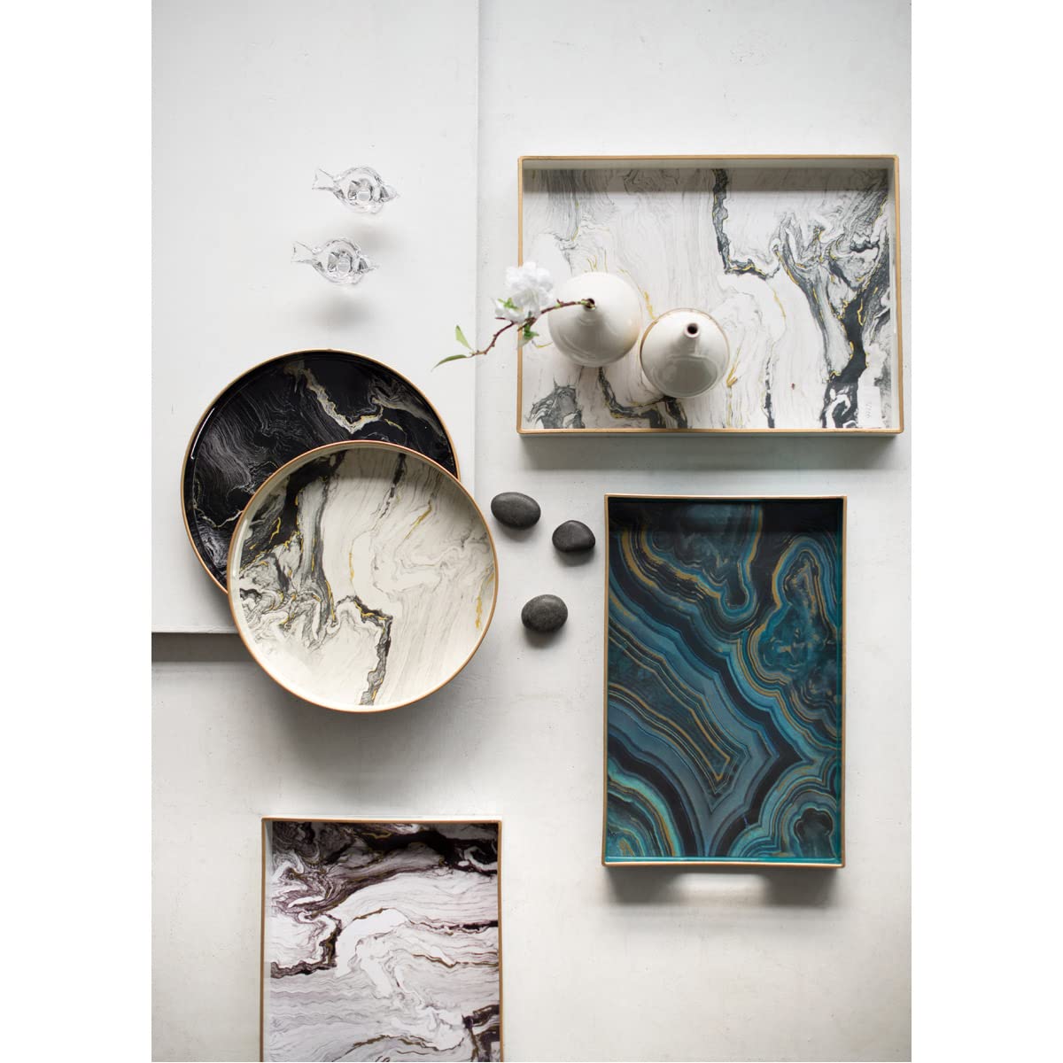 A&B Home Decorative Marble Pattern Plastic Serving Tray with Handles - Set of 2 Large White Trays for Coffee Table, Ottoman, Couch & Perfume Display | Perfect for Living Room, Bedroom & Bathroom Organization
