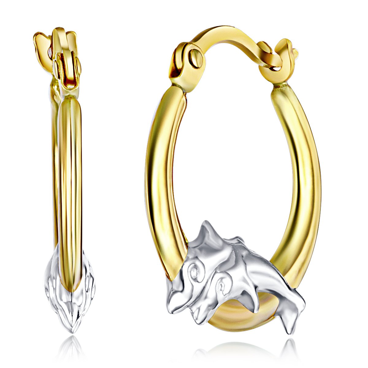 14K Real Two-Tone Gold Dolphin Hoop Earrings - 13mm Fancy Dangle Earrings for Women | Perfect for Beach Parties, Summer Vacations & Gift Giving