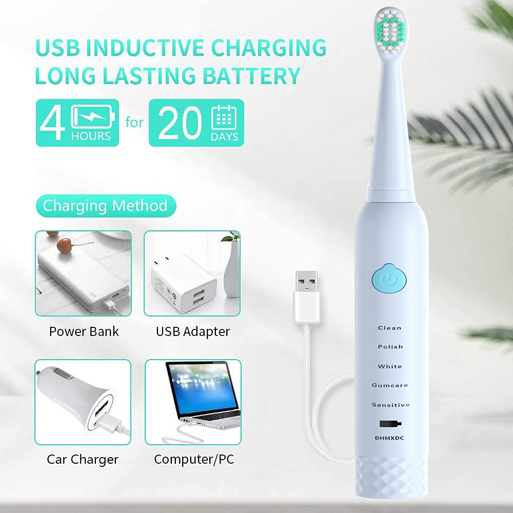 Sonic Electric Toothbrush for Kids & Adults - 5 Cleaning Modes with 2-Minute Smart Timer, Rechargeable Ultrasonic Toothbrush with 4 Replacement Brush Heads | Perfect for Family Oral Care & Travel Use