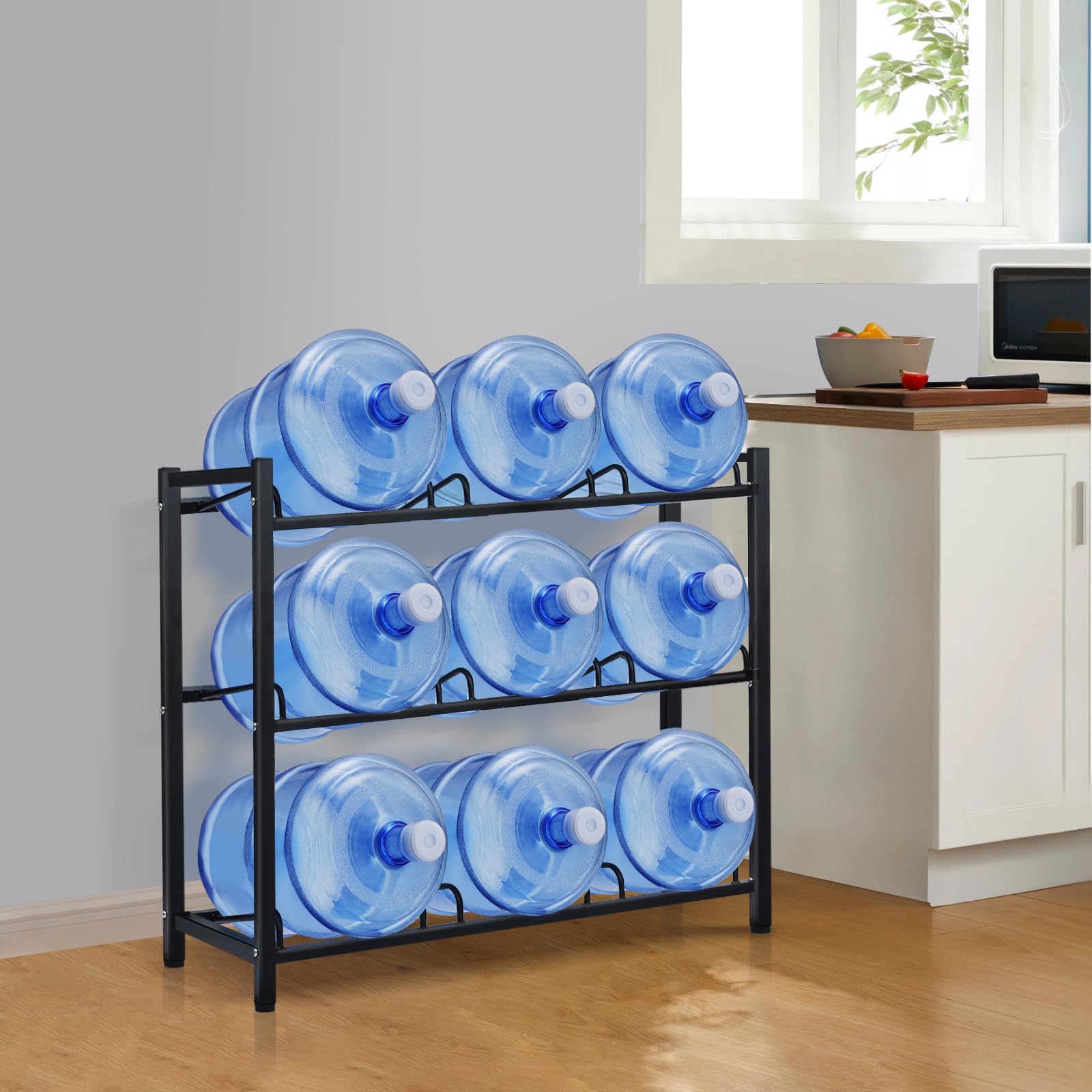 9-Tray Heavy Duty Carbon Steel Water Jug Rack - 5 Gallon Water Cooler Bottle Holder Stand for Home, Office & Warehouse | Space-Saving 3-Tier Organizer for Kitchen, Pantry & Utility Rooms (Black)