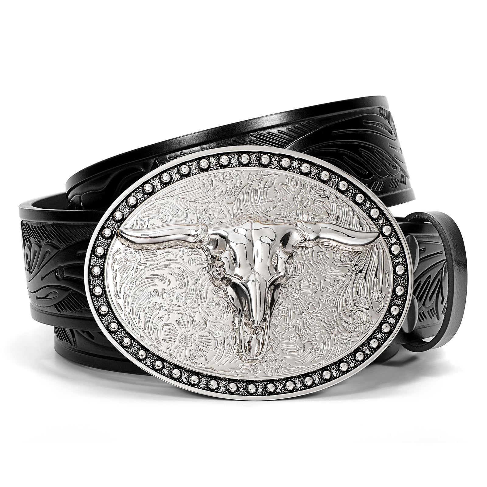 SANSTHS Western Cowboy Leather Belt for Men & Women - Bull Buckle Embossed Design - Durable Leather Belt for Jeans & Western Wear | Perfect for Rodeo, Country Music Festivals & Casual Outfits