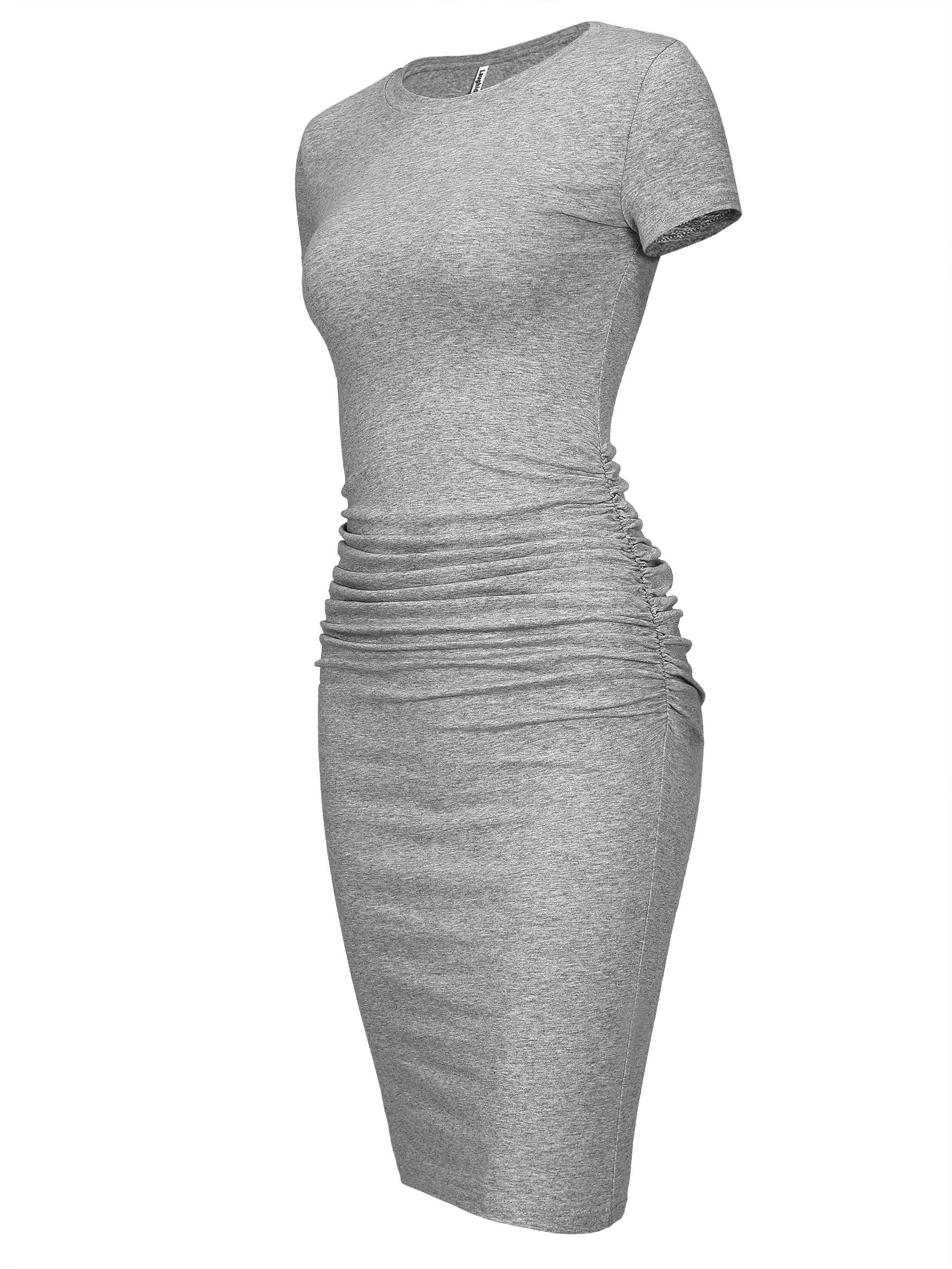 Laughido Women's Short Sleeve Ruched Bodycon Sundress - Knee Length T-Shirt Dress for Summer 2025 | Trendy Casual Outfit for Beach, Party & Daily Wear