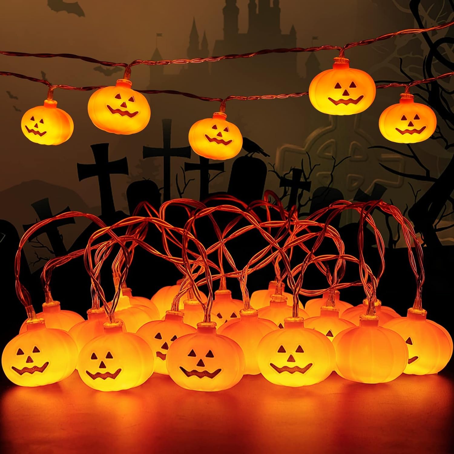 Halloween LED Pumpkin String Lights - 20 Pumpkin Lights with 9.8 ft Cord, 2 Modes (Steady & Flickering) for Outdoor Decor, Party, Yard, Porch, and Home Holiday Decoration