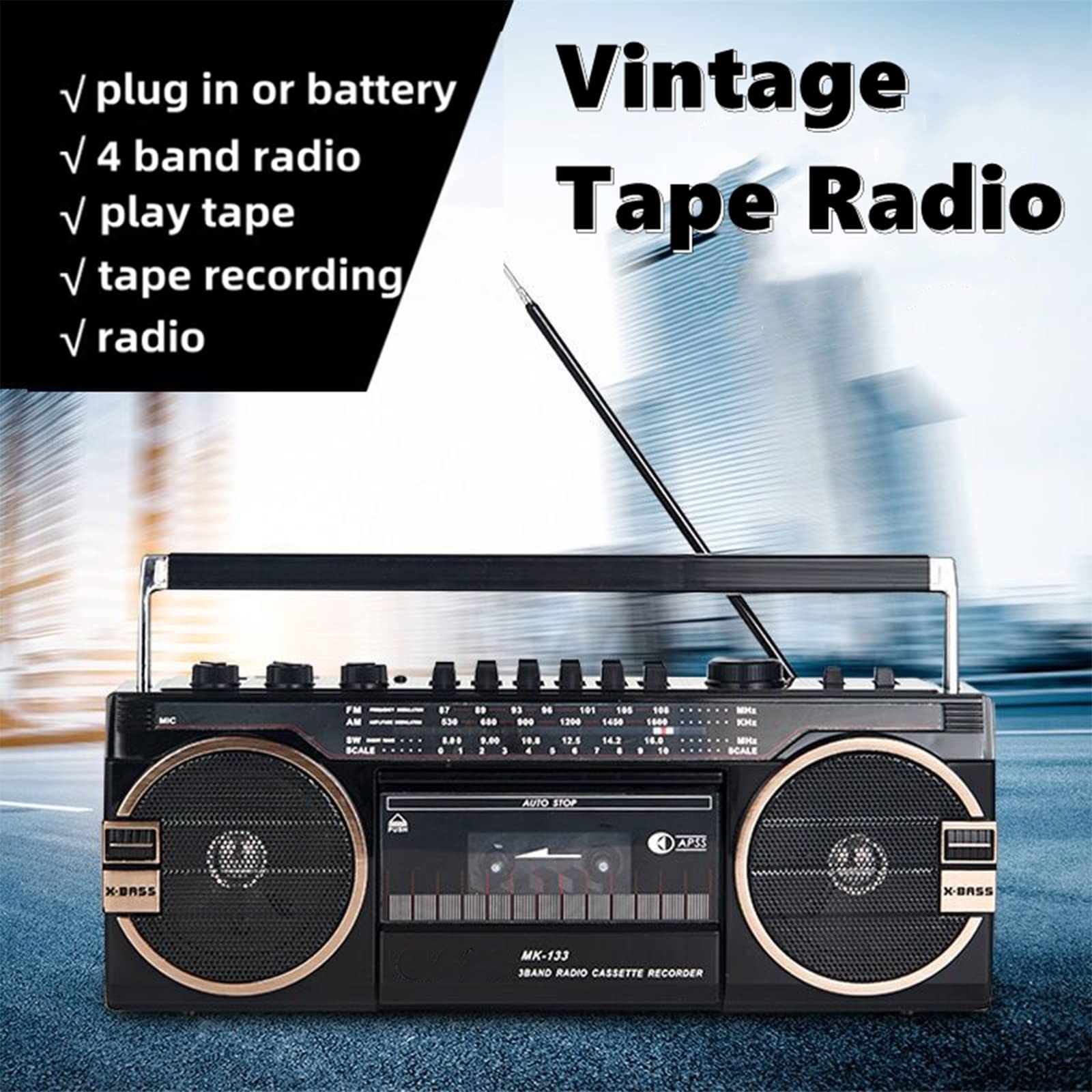 Portable Retro Bluetooth Boombox with Cassette Player, USB/TF Card Playback, Tape Music Recorder, 5.0 Stereo Speaker, FM Radio, Classic 80s Style (Black) - Perfect for Home, Office, and Outdoor Gatherings