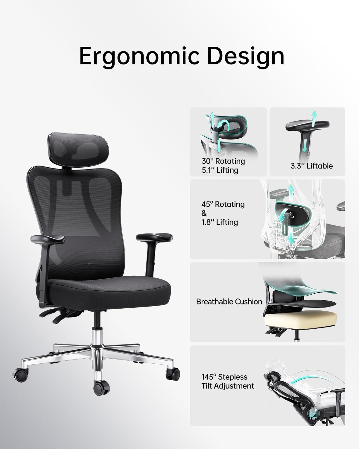 Hbada P3 Ergonomic Office Chair - 2D Adjustable Lumbar Support, Adjustable Headrest & Armrest, 145° Recline, Black - Perfect for Home Office, Gaming & Workspace Comfort (No Footrest)