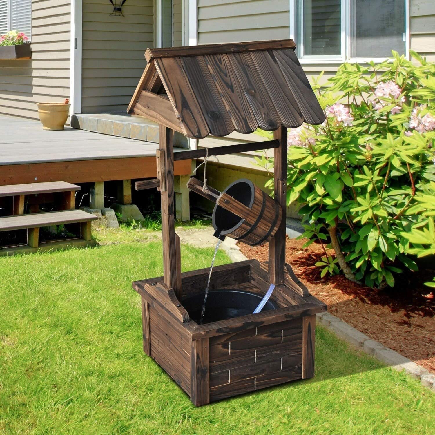 Rustic Wishing Well Fountain - Brown Steel & Wood Outdoor Garden Decor for Patio, Yard, and Landscaping