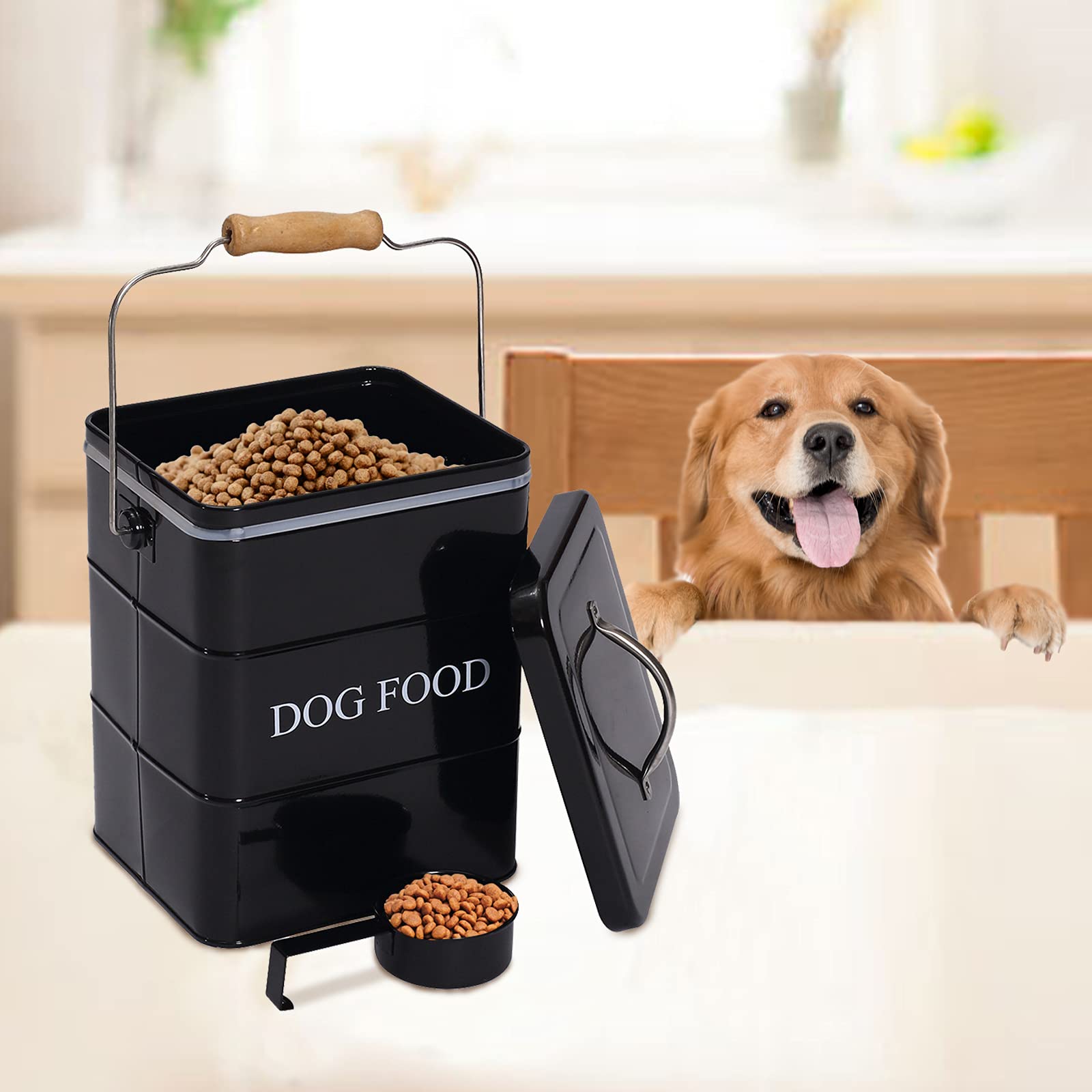 Premium Airtight Dog Food Storage Container with Lid & Scoop - Farmhouse Style Pet Food Bin for Kitchen Countertop, Pantry Shelf - Ideal for Dry Kibble Storage & Home Decor - Black
