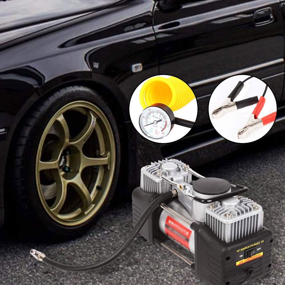 Heavy Duty 12V Metal Air Compressor Pump 150PSI with Double Cylinders & Portable Bag - Car Tire Inflator with Adapters for Inflatable Toys, Floating Beds, Boats, Pools | Fast Inflation for Vehicles, Outdoor Camping, Emergency Use